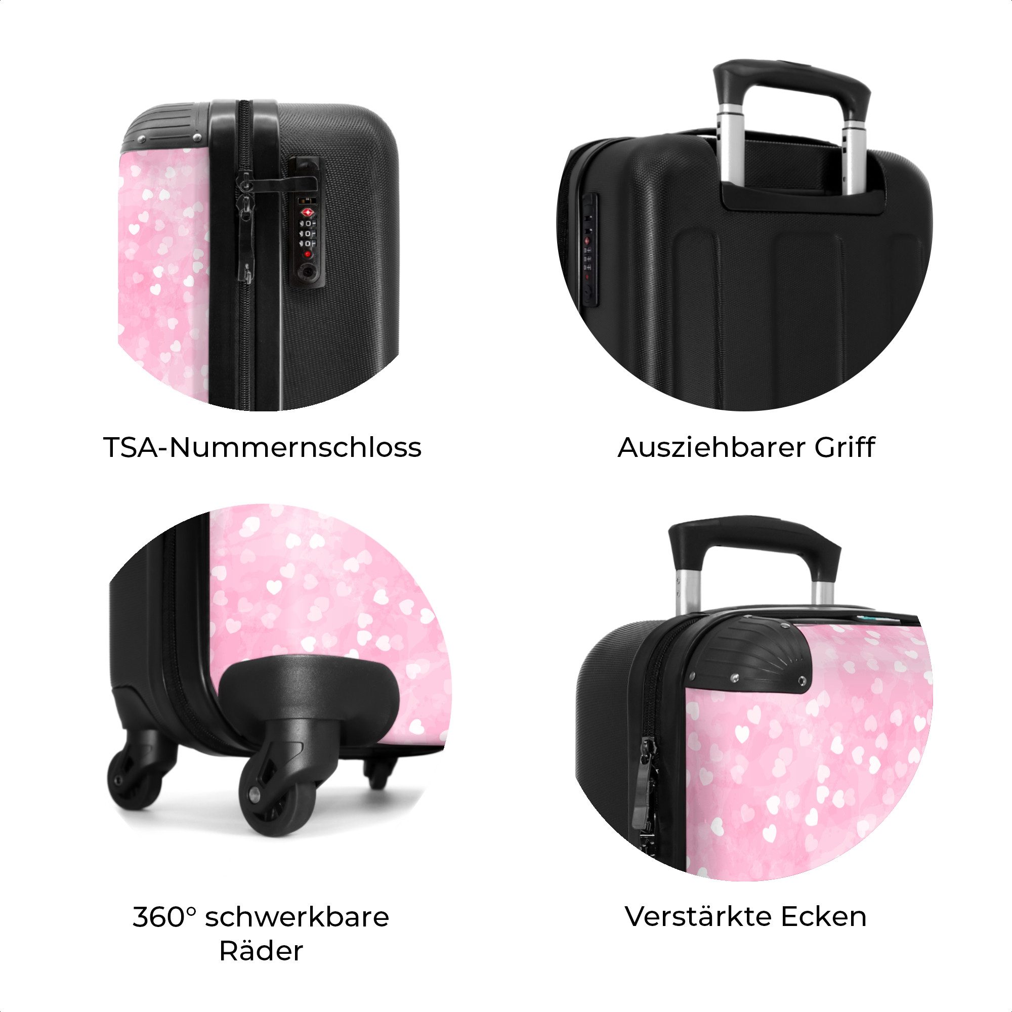 NoBoringSuitcases.com© Kinderkoffer Herzen - Rosa - Muster 55x35x20cm, 4 Rollen, Reisetasche mit Rollen, Koffer Handgepäck Flugzeug