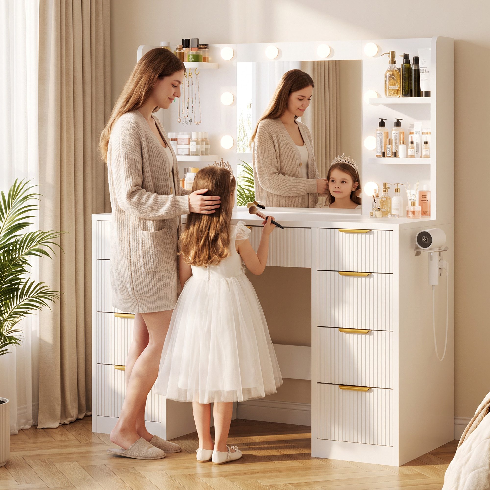 HOMALL Schminktisch LED-Beleuchtung, optional als Set mit Hocker erhältlich (Maße: 108 × 40 × 137 cm, 6 offene Ablagefächer, mit Schmuckhaken, 9 Schubladen, aus – Bild 3 von 5