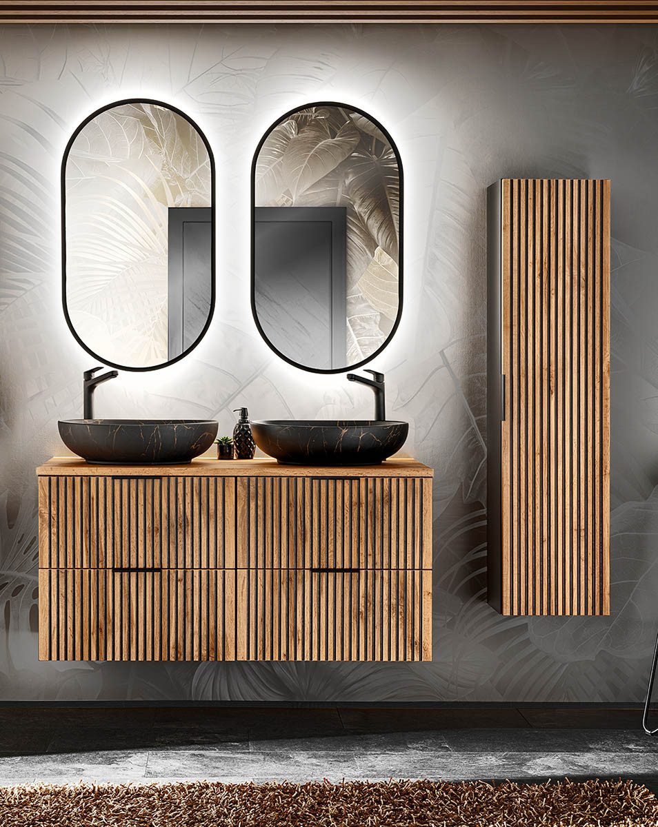 einfachgutemoebel Waschtisch-Set Bad Set 4-teilig TRIBUNE 120cm, Becken black, Schwarz - Wotan-Eiche, (Badmöbel Set, 1-St., Waschtisch SET 4-teilig)