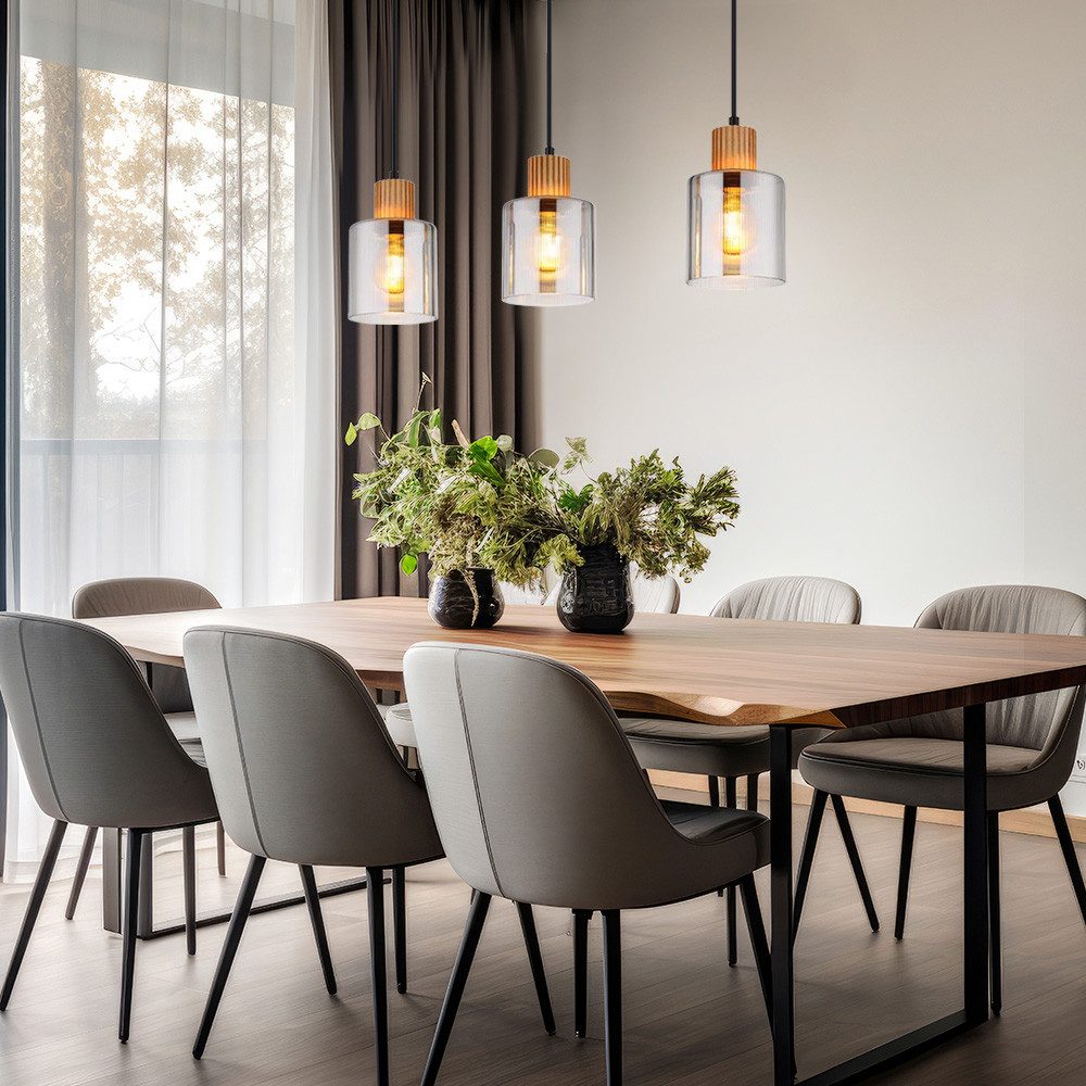 GLOBO LIGHTING Pendelleuchte, Leuchtmittel nicht inklusive, Pendelleuchte Hängelampe Wohnzimmerlampe 3 flammig E27 Holz Rauchglas