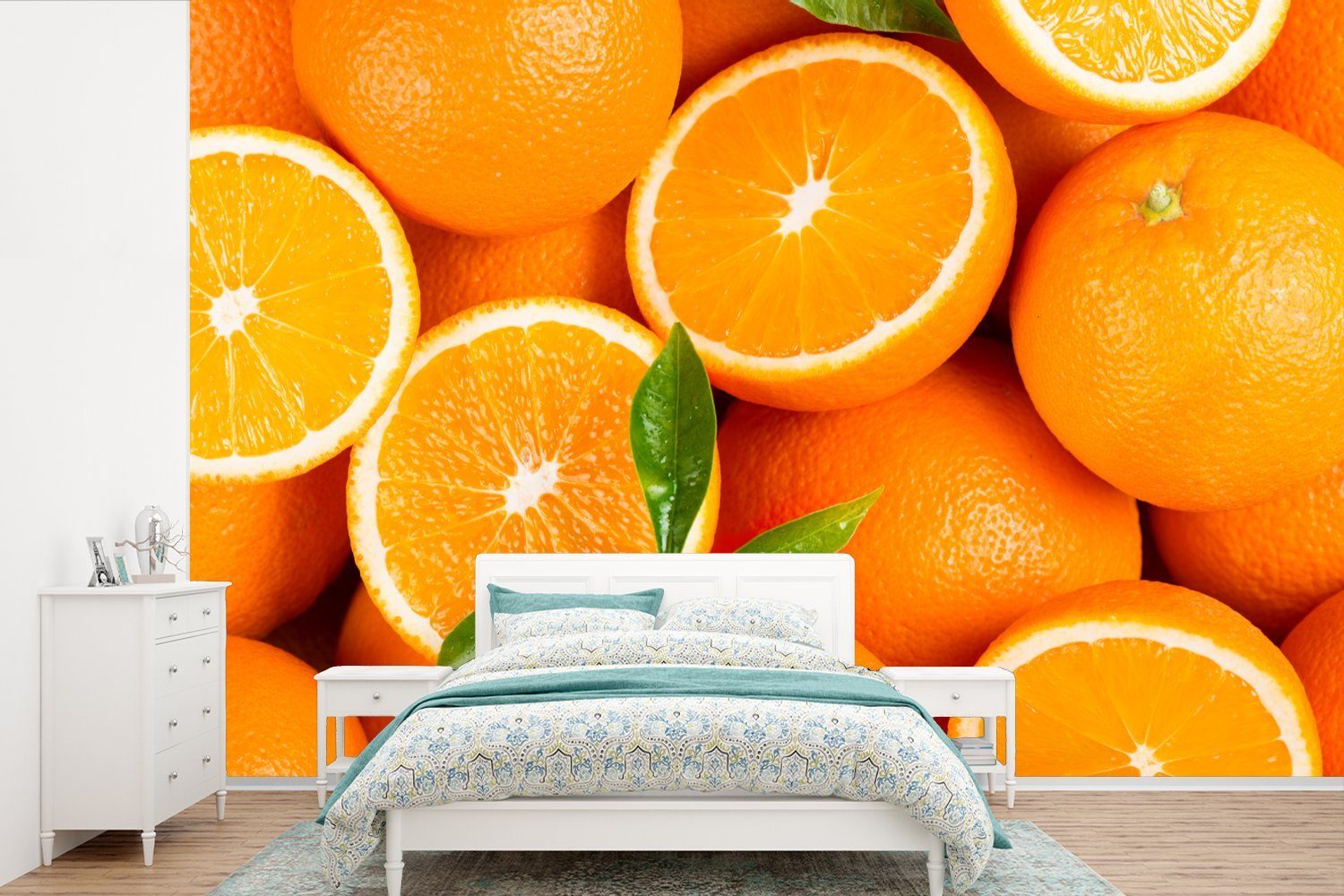 MuchoWow Fototapete Früchte - Orange - Blätter, Matt, bedruckt, (6 St), Wallpaper für Wohnzimmer, Schlafzimmer, Kinderzimmer, Vinyl Tapete