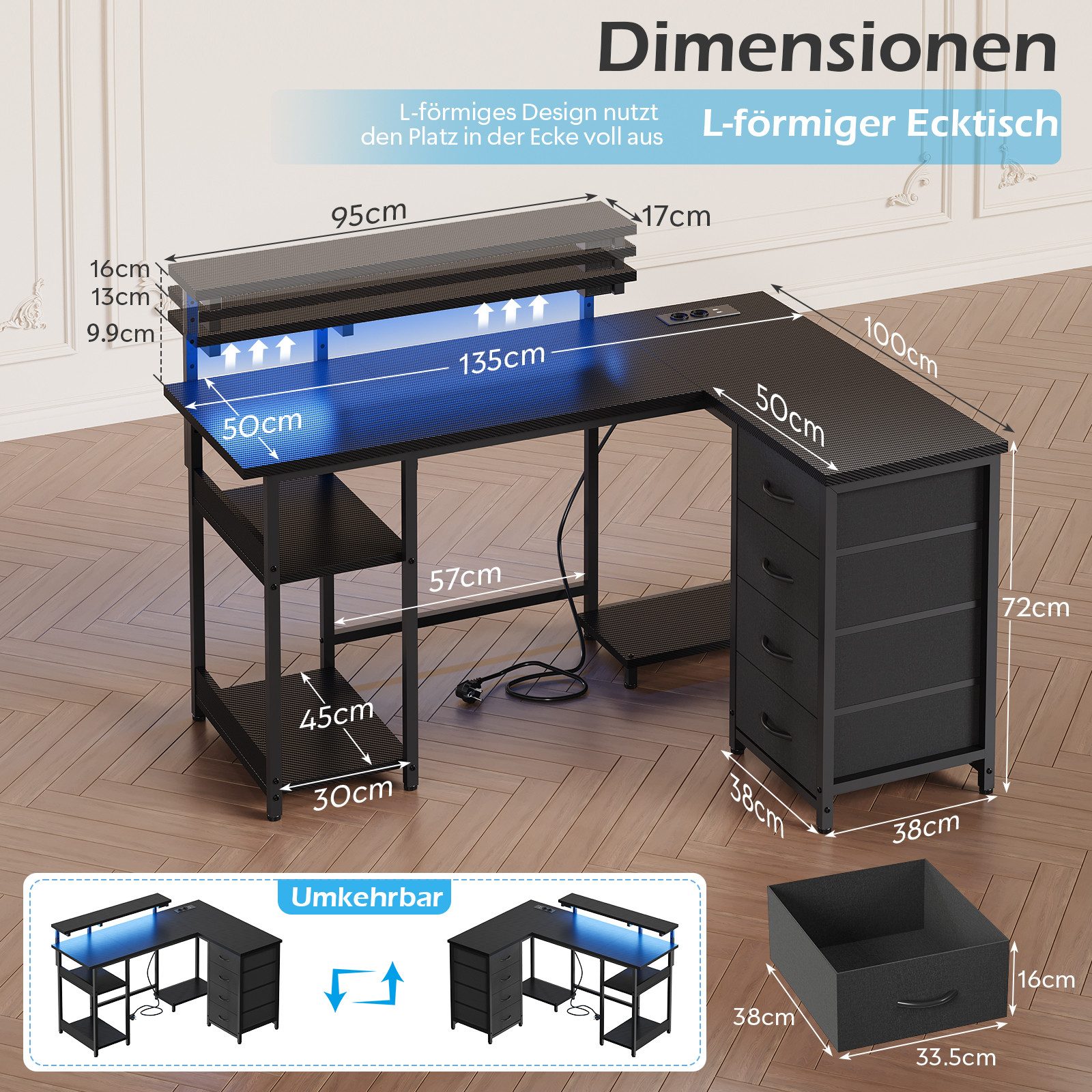 HOMALL Schreibtisch Eck-Schreibtisch, Gaming-Tisch mit Stauraum und Steckdosen (Ausgestattet mit 2 Steckdosen, 2 USB-Anschlüssen, 4 Schubladen, einer höhenverstellbaren Monitorhalterung, einer LED-Lichtleiste, 2 Einlegeböden sowie einer Halterung für den PC-Tower)