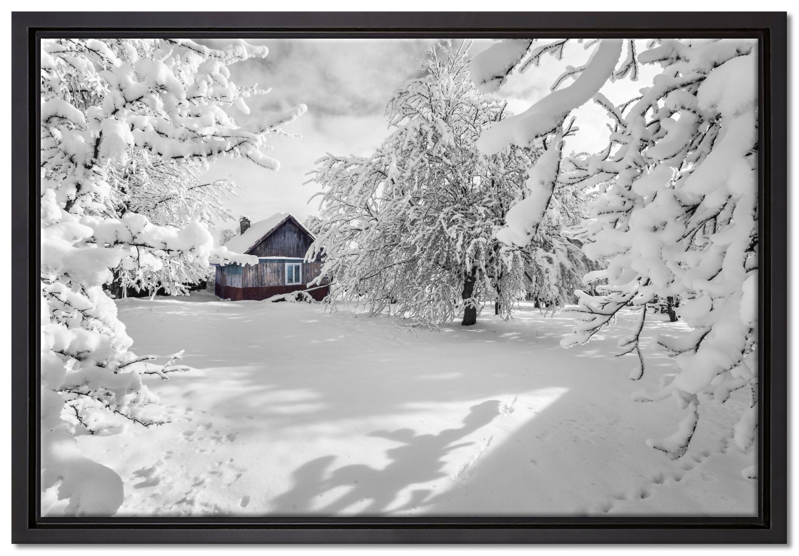 Pixxprint Leinwandbild Leinwandbild St), in Winterlandschaft, fertig inkl. Schattenfugen-Bilderrahmen bespannt, (1 schöner Wanddekoration gefasst, in einem Zackenaufhänger Hütte