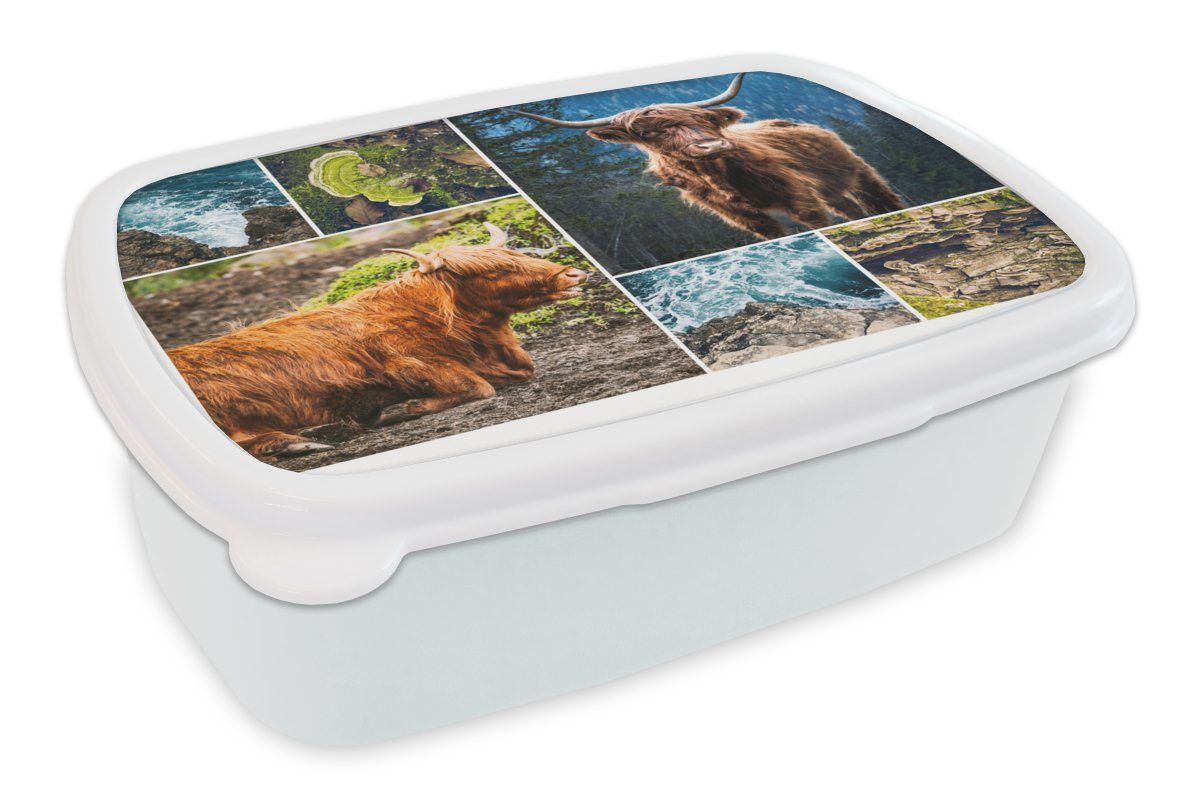 MuchoWow Lunchbox Schottischer Highlander - Berg - Meer, Kunststoff, (2-tlg), Brotbox für Kinder und Erwachsene, Brotdose, für Jungs und Mädchen weiß | Lunchboxen