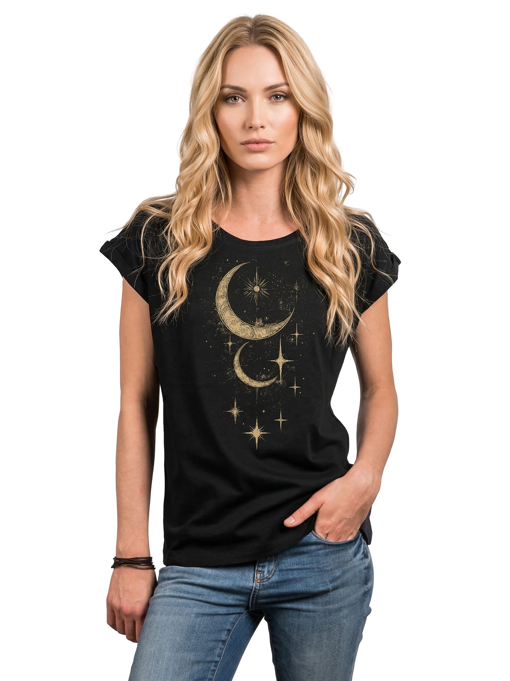 MAKAYA Kurzarmshirt Damen mit Aufdruck Sonne Mond & Sterne Print Esoterik Geschenk (Schwarz, Blau, Grau, 34, 36, 38, 40, 42, 44, 46, 48, 50) Baumwolle