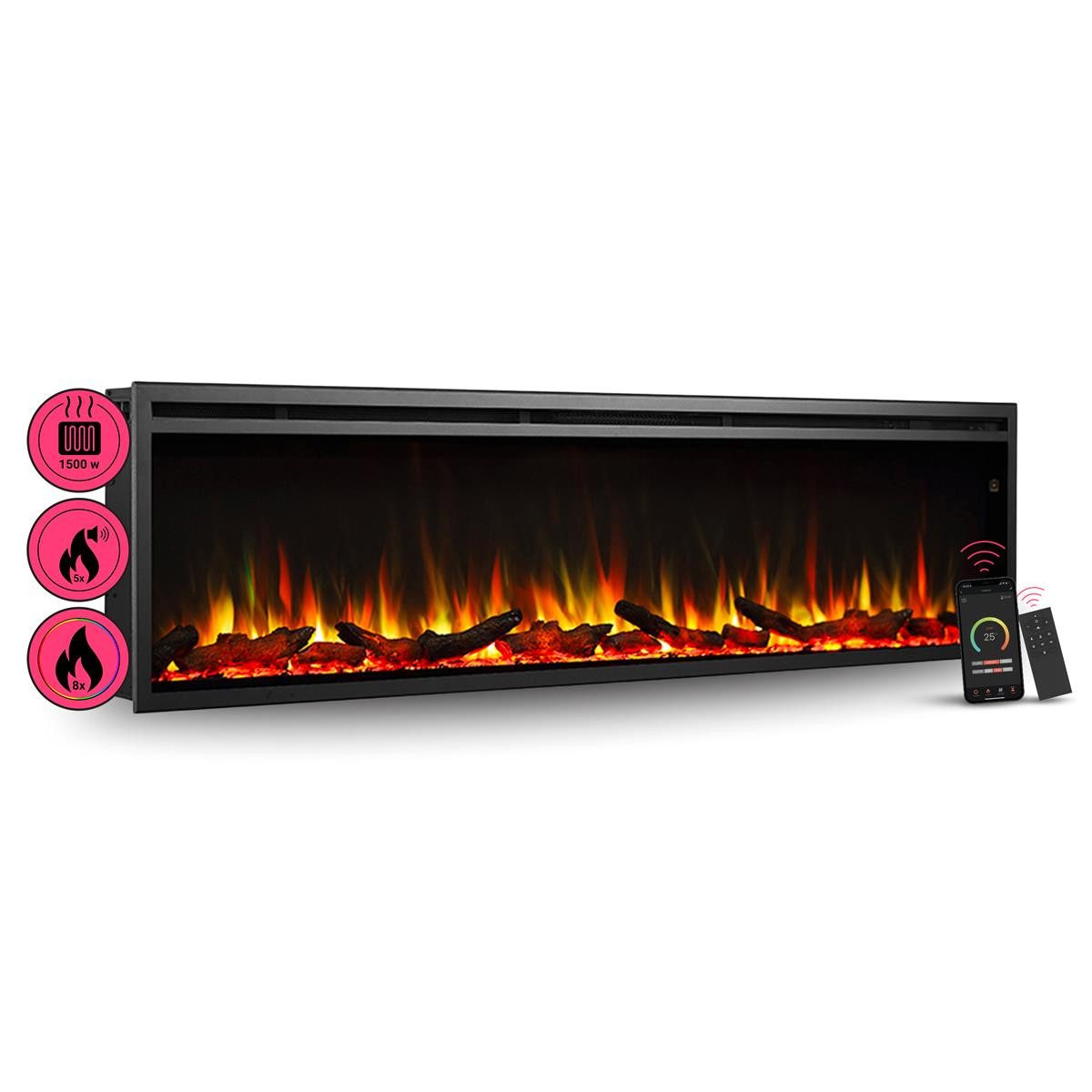 Balderia Elektrokamin Elektrokamin BALDERIA Atalanta 72 – Einbaukamin, 1500 W, schwarz, Smarter Einbaukamin 72 Zoll: 3D Flamme, App, Knister