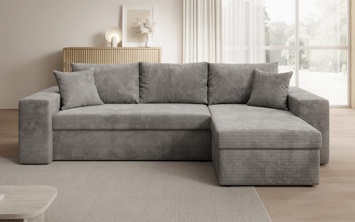 Luxusbetten24 Schlafsofa Designer Sofa Denver, Hellgrau, Bezug Cord, Rechts
