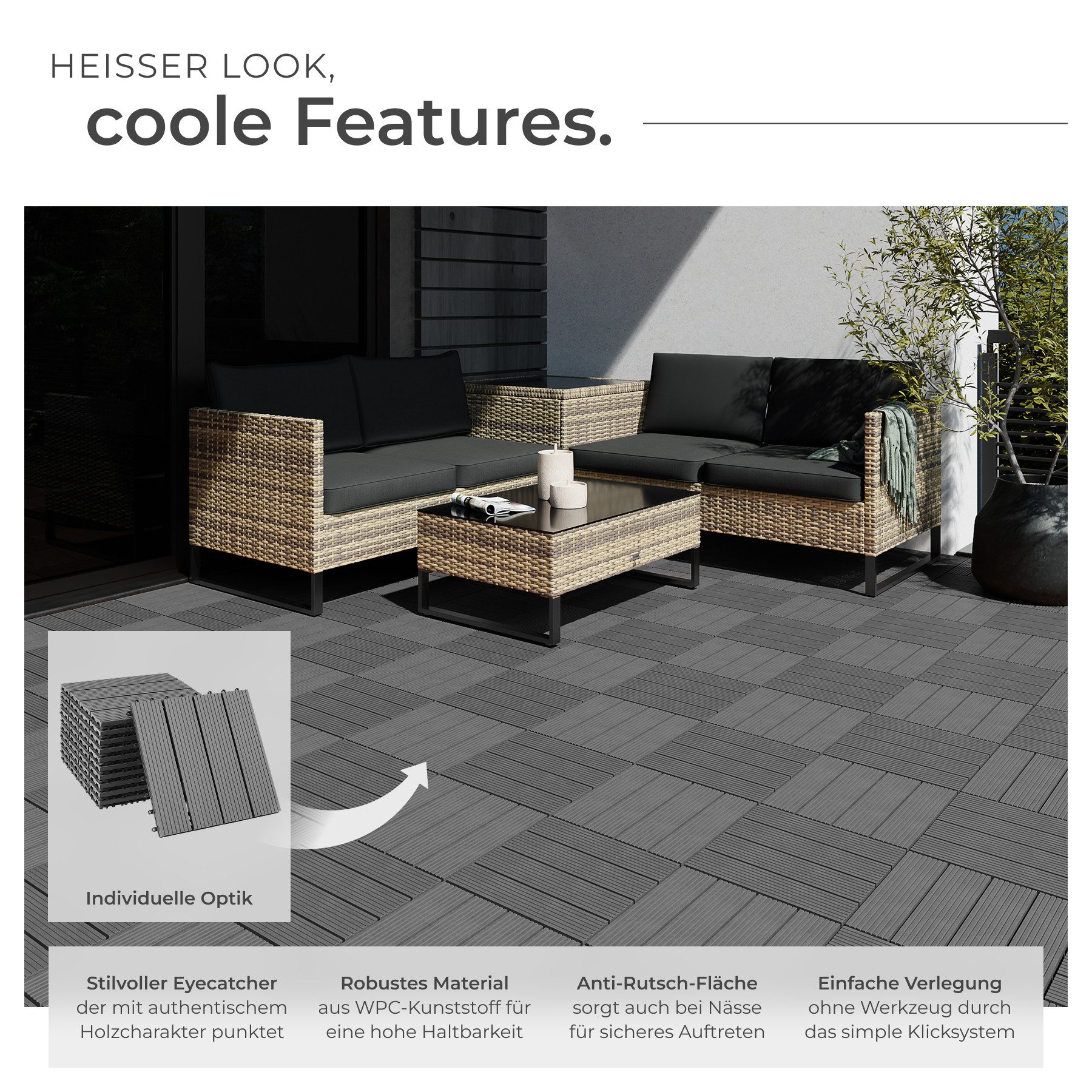 tectake Terrassendielen Terrassenfliesen 11er Set im Klicksystem, 31 x 31 x 2,2 cm, 1,0571 m², BxL: je 31,00x31,00 cm, (Terrassenplatten Außenbereich Tegulas, 1 – Bild 3 von 5