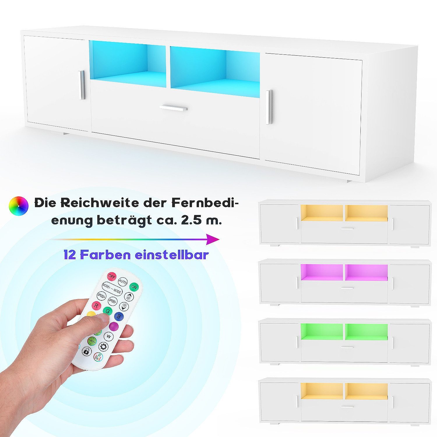 WILGOON TV-Schrank Fernsehkommode, Hochglanz TV Schrank, mit 16 Farben LED Beleuchtung (Fernsehschrank, 1-St., 2 offenes Regalfach,3 Ablagen mit Griff Klapptüre – Bild 5 von 5