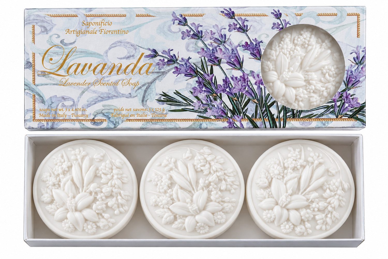 Saponificio Artigianale Fiorentino Handseife Lavendel, Duftseifen aus der Toskana im dekorativen Geschenkset
