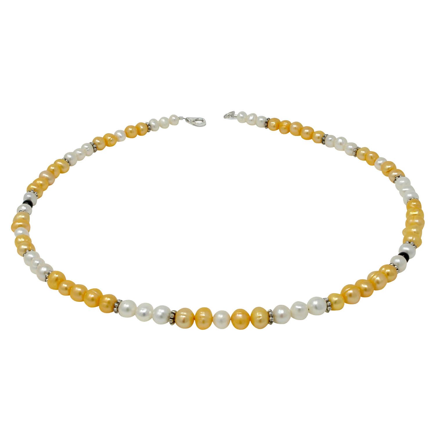 Schmuck Krone Perlenkette Halskette aus Perlen & Onyx, aprikose creme-weiß schwarz, Silber 925