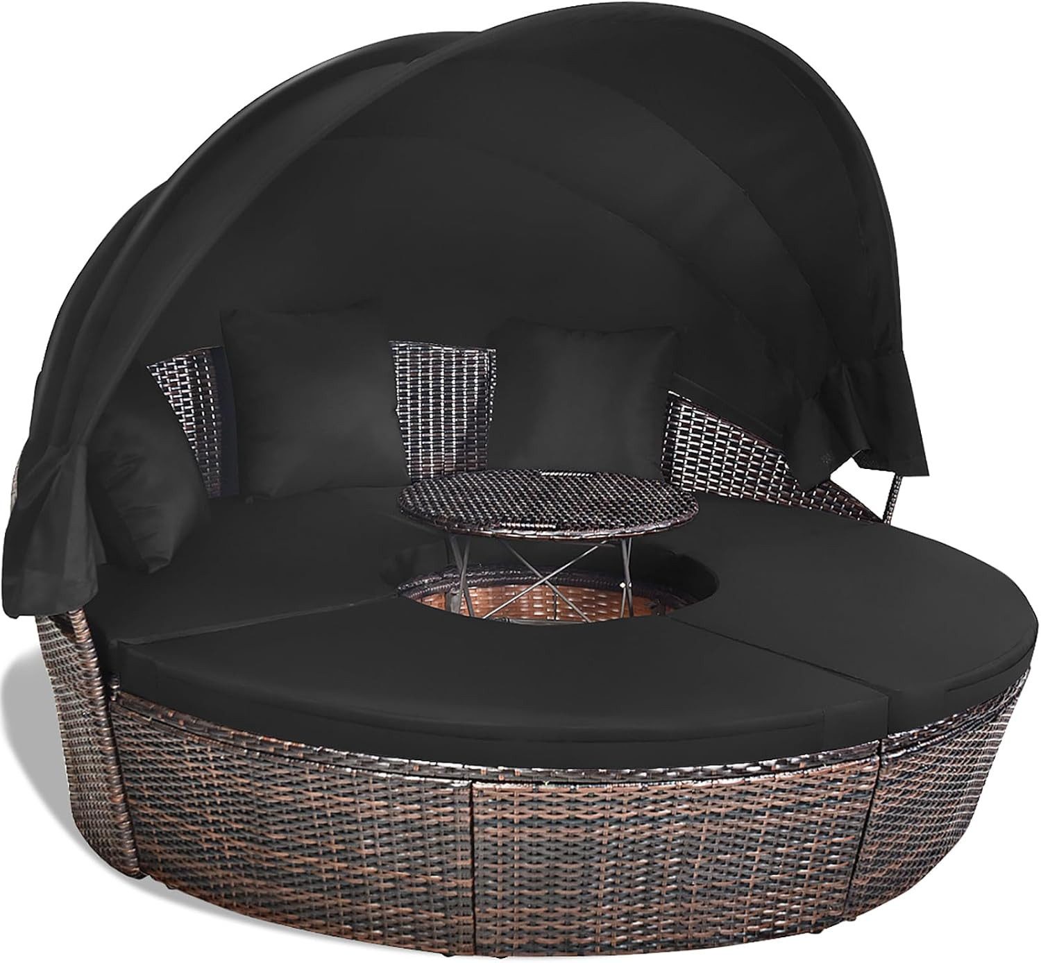 COSTWAY Sonneninsel mit einziehbarem Dach, outdoor, Gatrenlounge Rattan, Kissen, rund