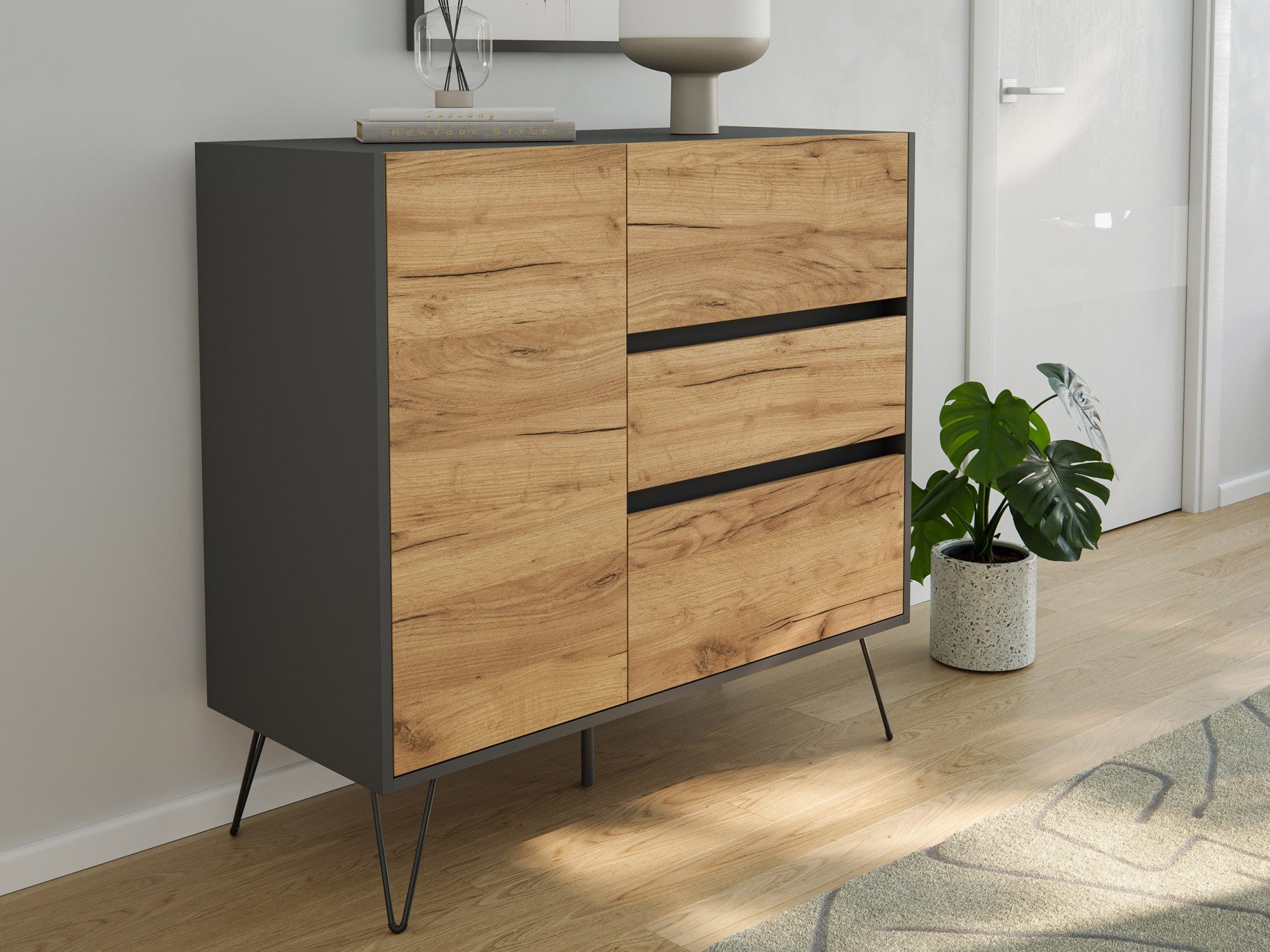 Magnolia Home Sideboard Sideboard Yako XL 100cm 3 SoftClose 1 Tür Grafit/Eiche Front