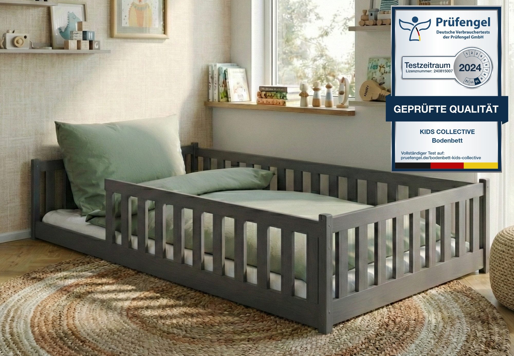 Kids Collective Kinderbett Bodenbett Bett mit Rausfallschutz & Lattenrost Montessori Bett Kinder (Jungen, Mädchen, Kinder, weitere Größen 80x160, 80x180, 90x190, 90x200, 120x200 cm), Jugendbett Gitterbett Einzelbett, Graphit Kiefer 140x200 cm