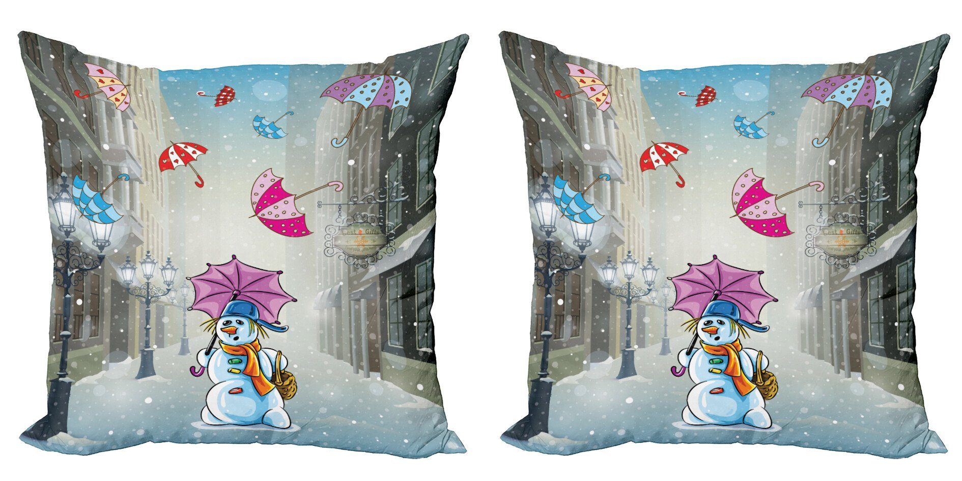 (2 Winter CartoonSnowman Doppelseitiger Kissenbezüge Digitaldruck, und Accent Abakuhaus Regenschirm Stück), Modern