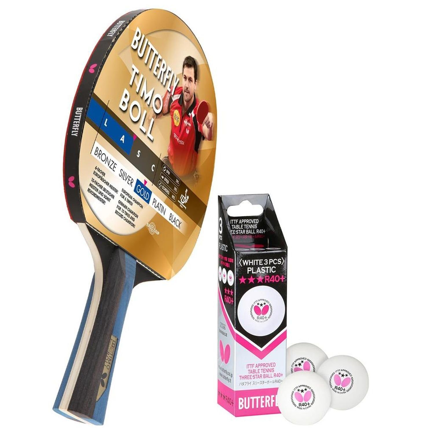 Butterfly Tischtennisschläger 1x Timo Boll Gold 85021 + М'ячі, Tischtennis Ракетки Set Tischtennisset Table Tennis Bat Racket