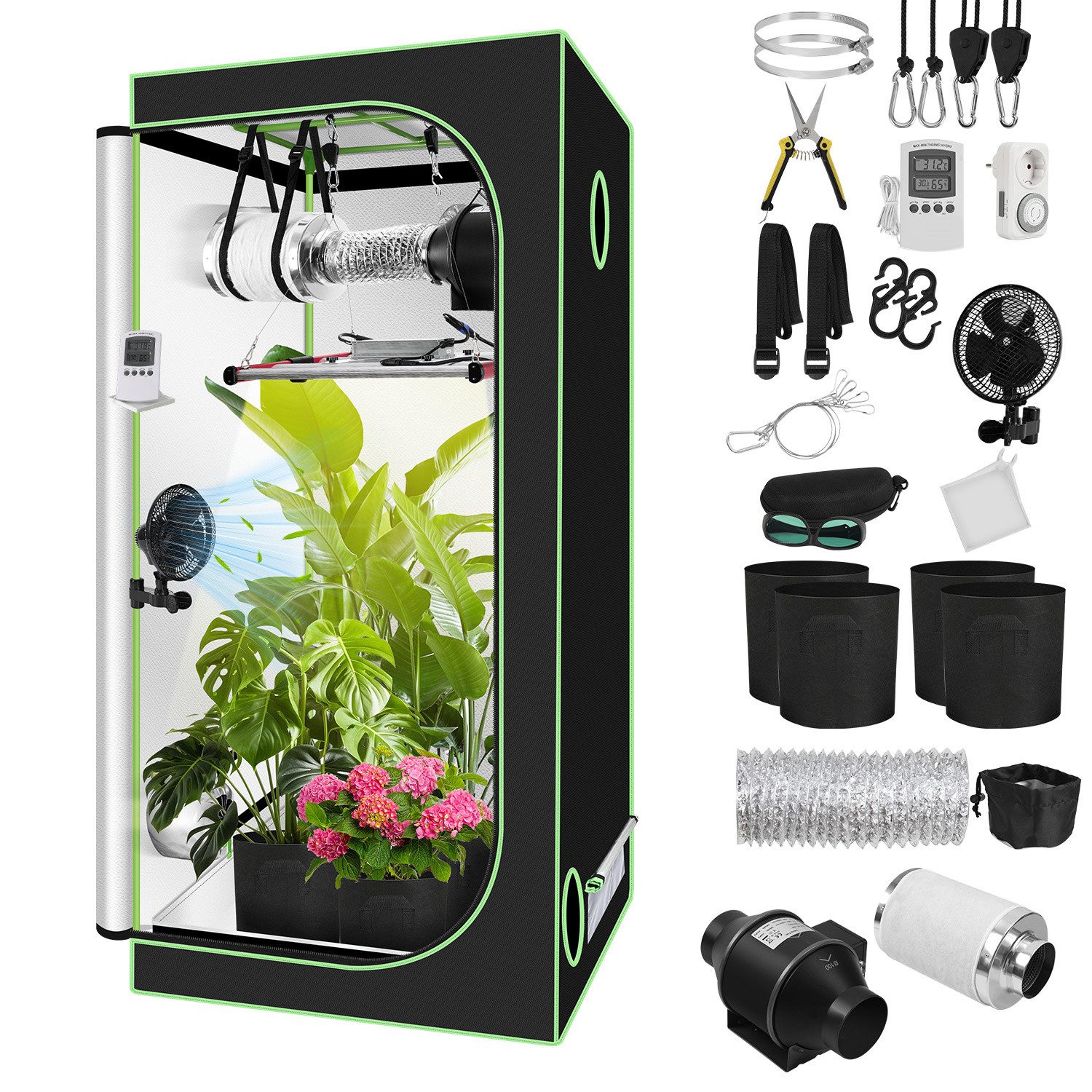 Clanmacy Gewächshaus Growbox Komplettset Indoor mit LED, Lüfter & Filter