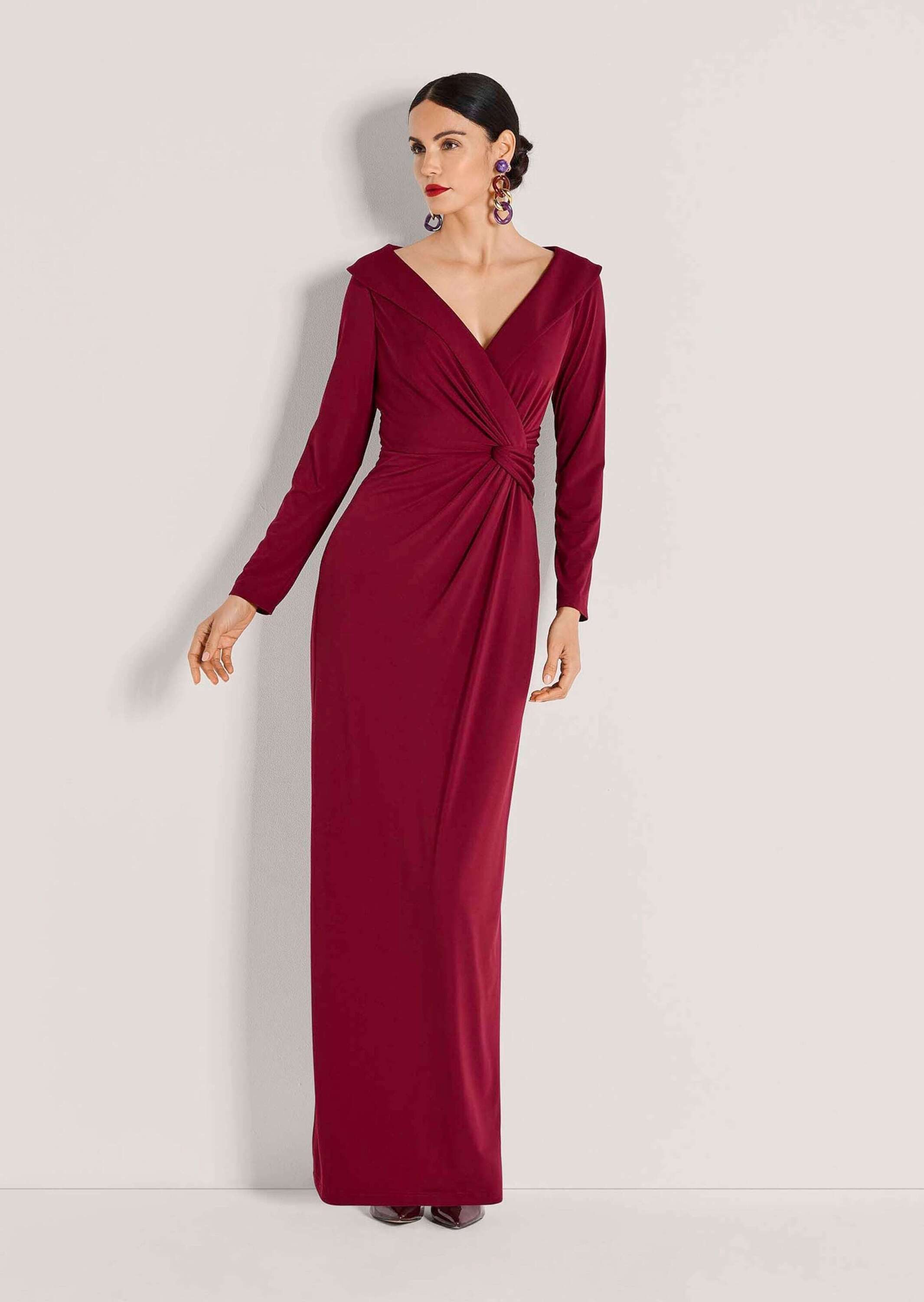 MADELEINE Maxikleid Elegantes Stretchkleid in Wickel-Optik Maxikleid mit V-Ausschnitt, Knöchellänge, Schlitz und Langarm