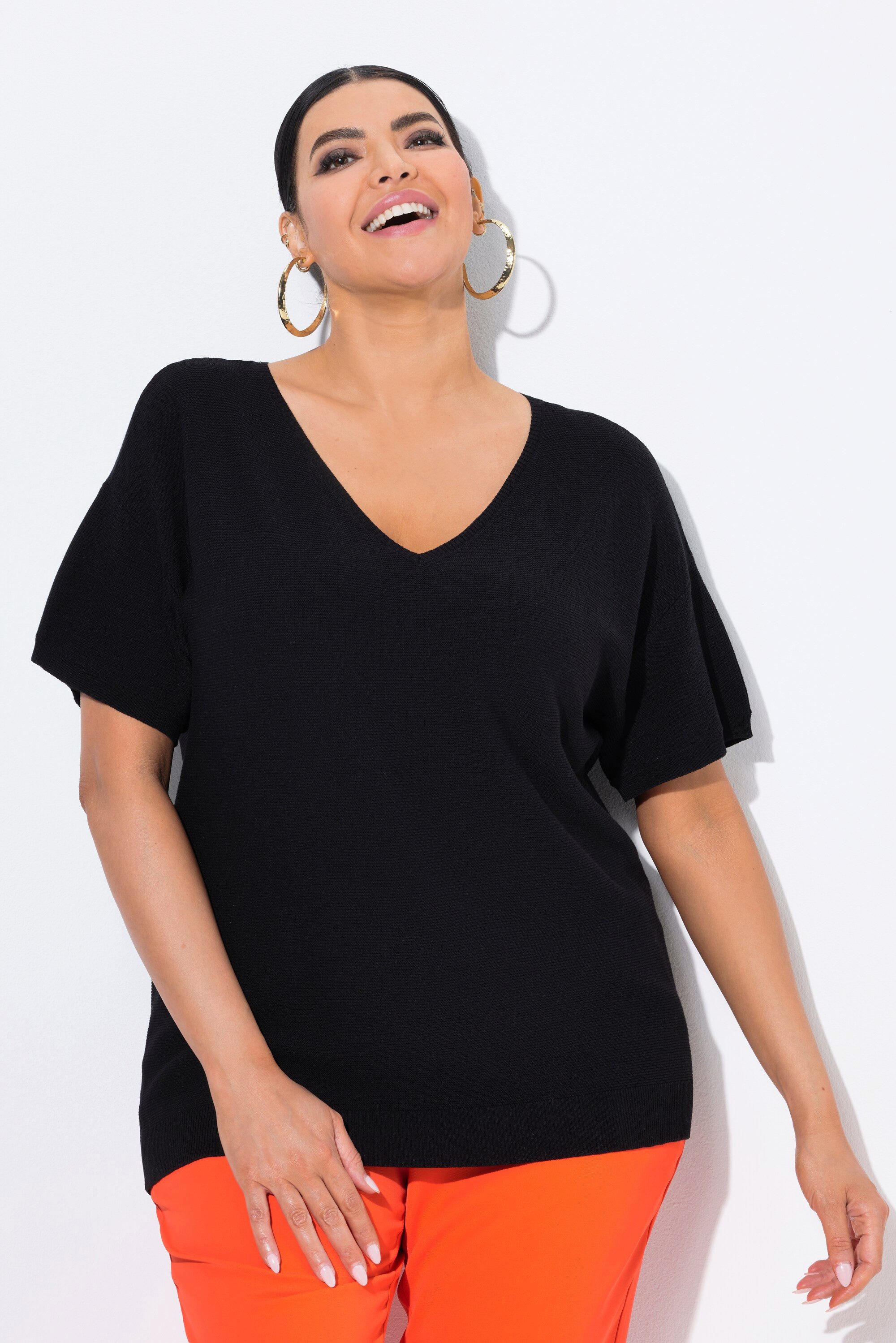 Ulla Popken Strickpullover Pullover Rippstruktur V-Ausschnitt Halbarm günstig online kaufen