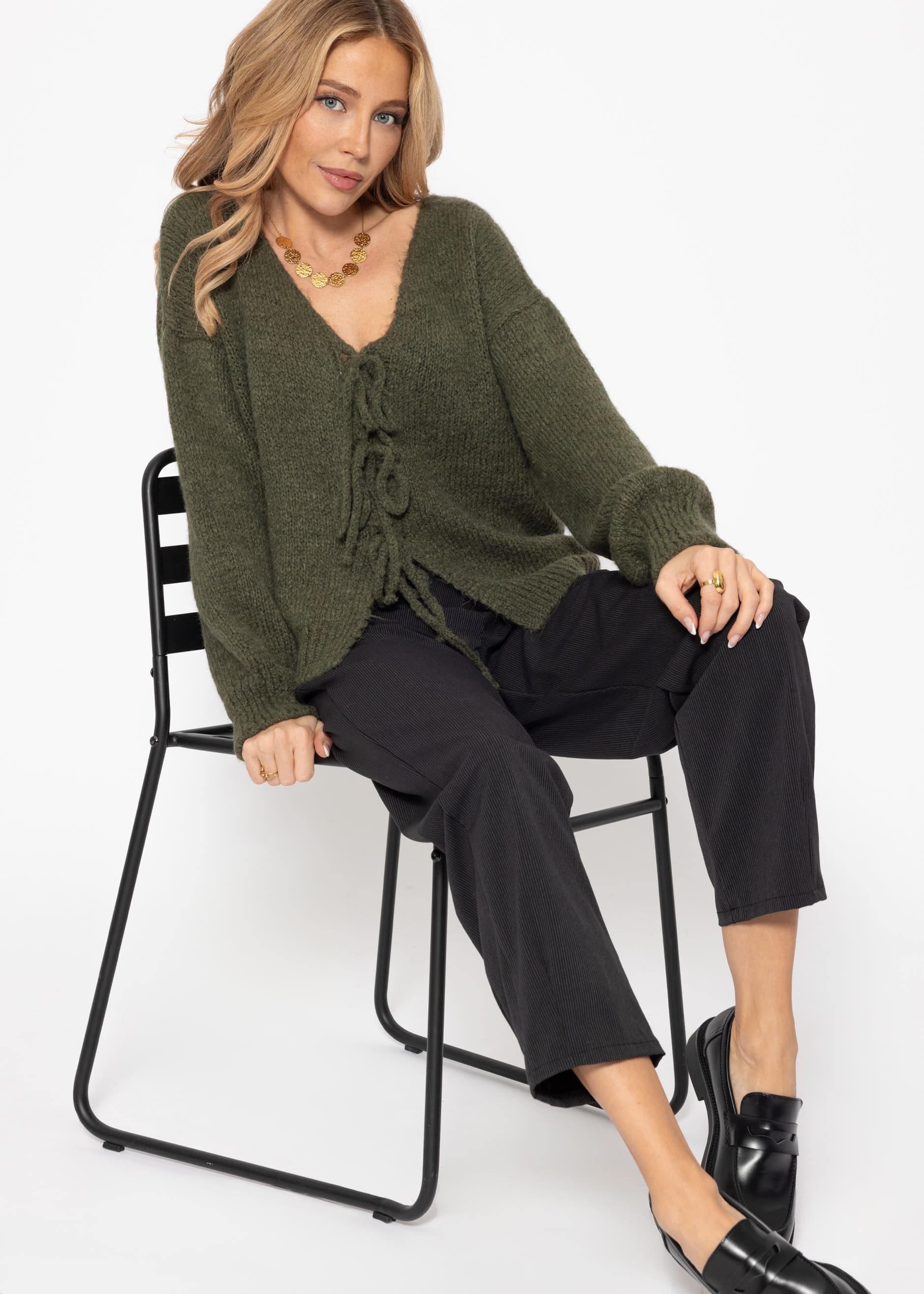 SASSYCLASSY Cardigan Strickjacke Damen mit Schleifenverschluss Oversize Car günstig online kaufen