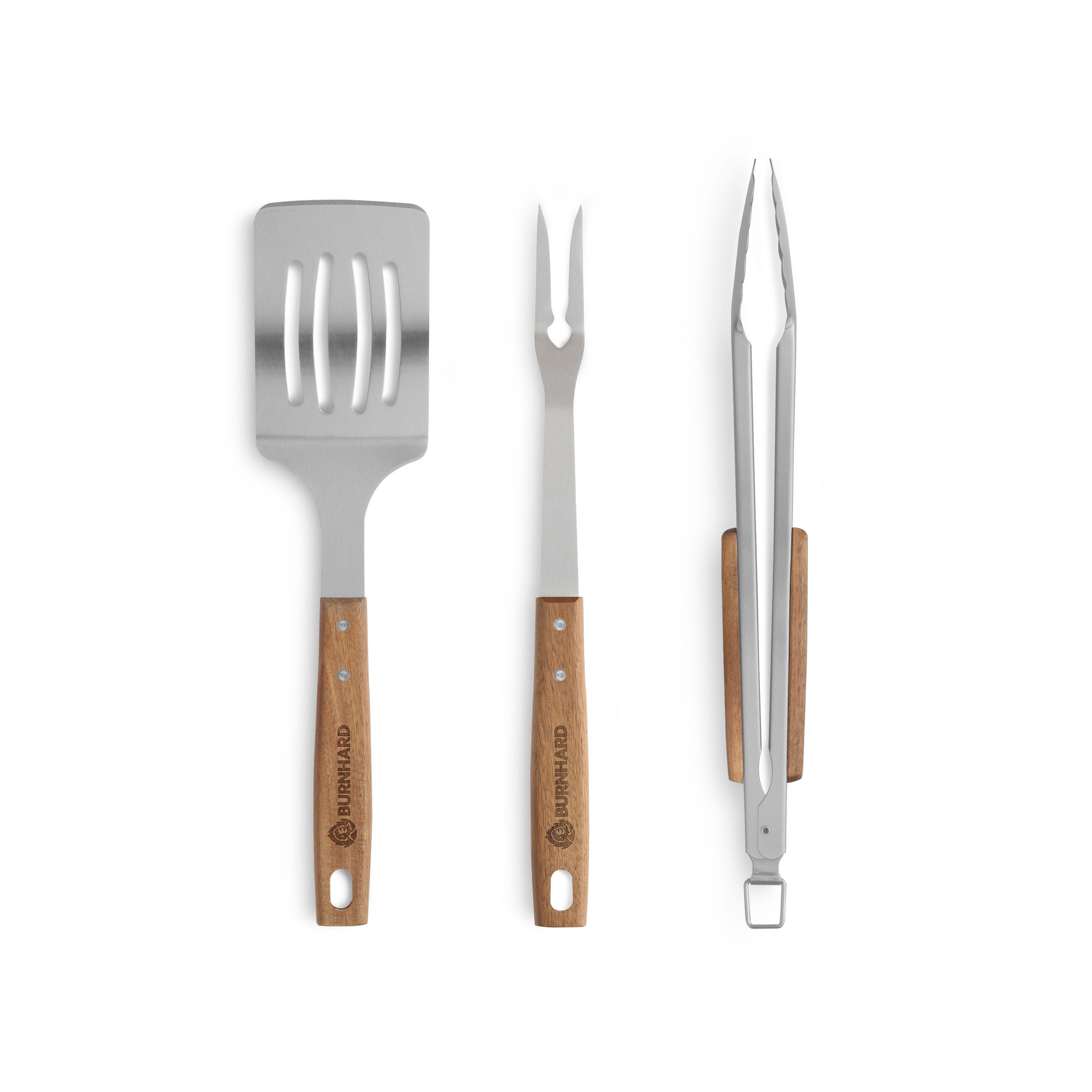 BURNHARD® Grillbesteck-Set Akazienholz Grillbesteck-Set 3-tlg., (3 tlg), Grillzange, Grillwender, Grillgabel