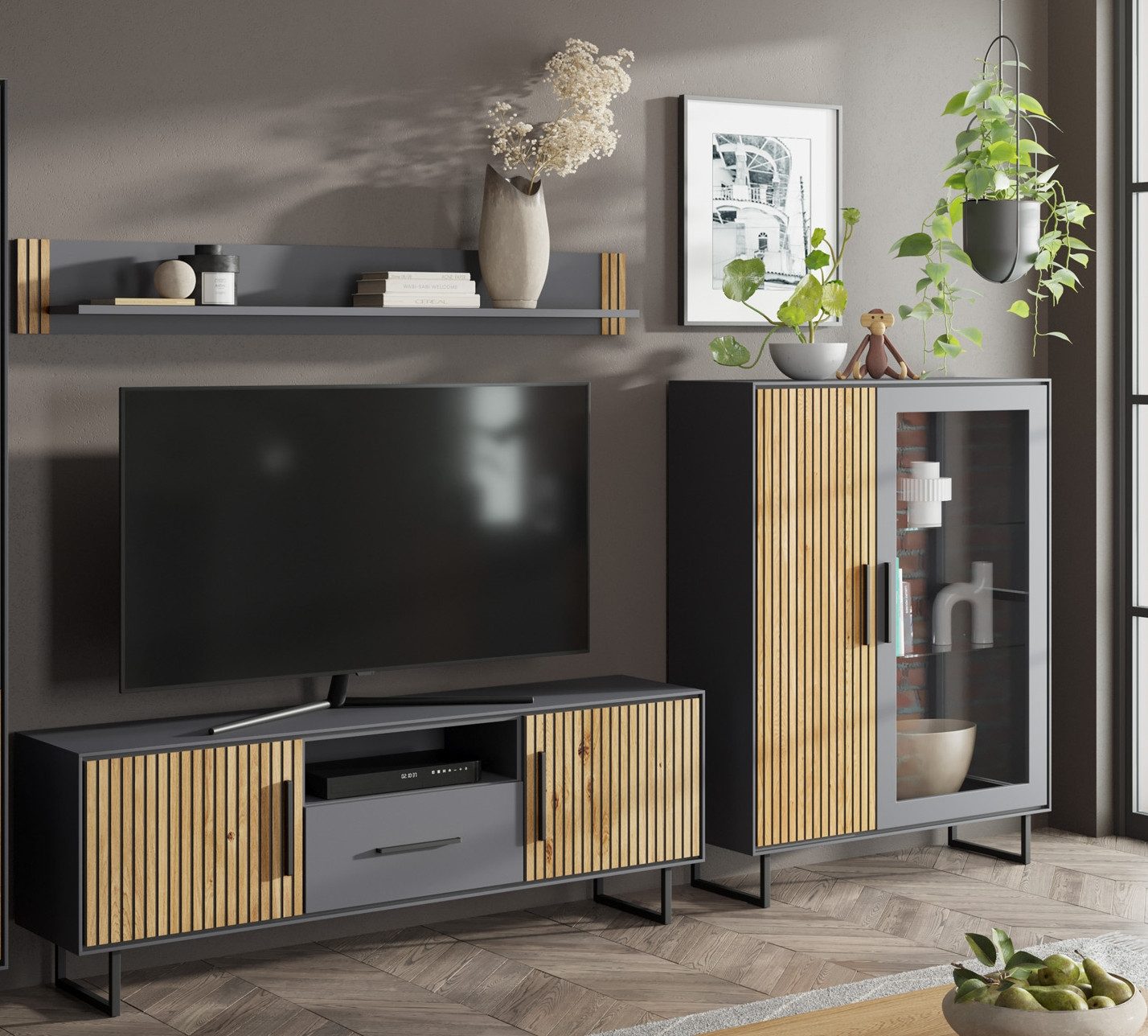 Lebenswert Wohnwand Joe, (3-teilig), (3-teilig) in Eiche / anthrazit - 287x173x40 (BxHxT)