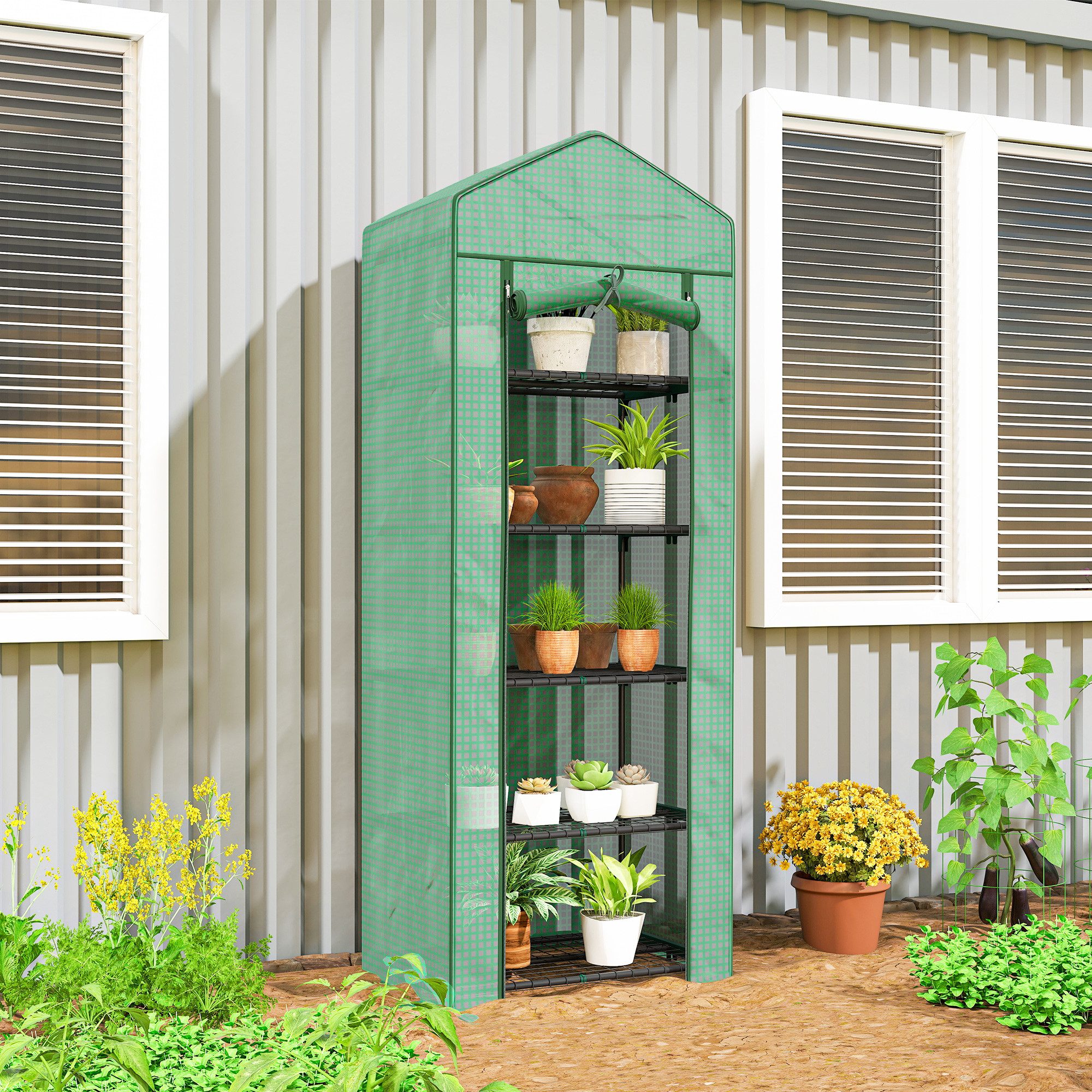 Outsunny Foliengewächshaus mit Rolltür, Regale, winterfest, aus Stahl, BxTxH: 180 x 49 x 193 cm, BxLxH: 49 x 69 x 193 cm, Gewächshaus 1-St., Folien Treibhaus, für Balkon, Garten, für Tomaten, Gemüse, Grün