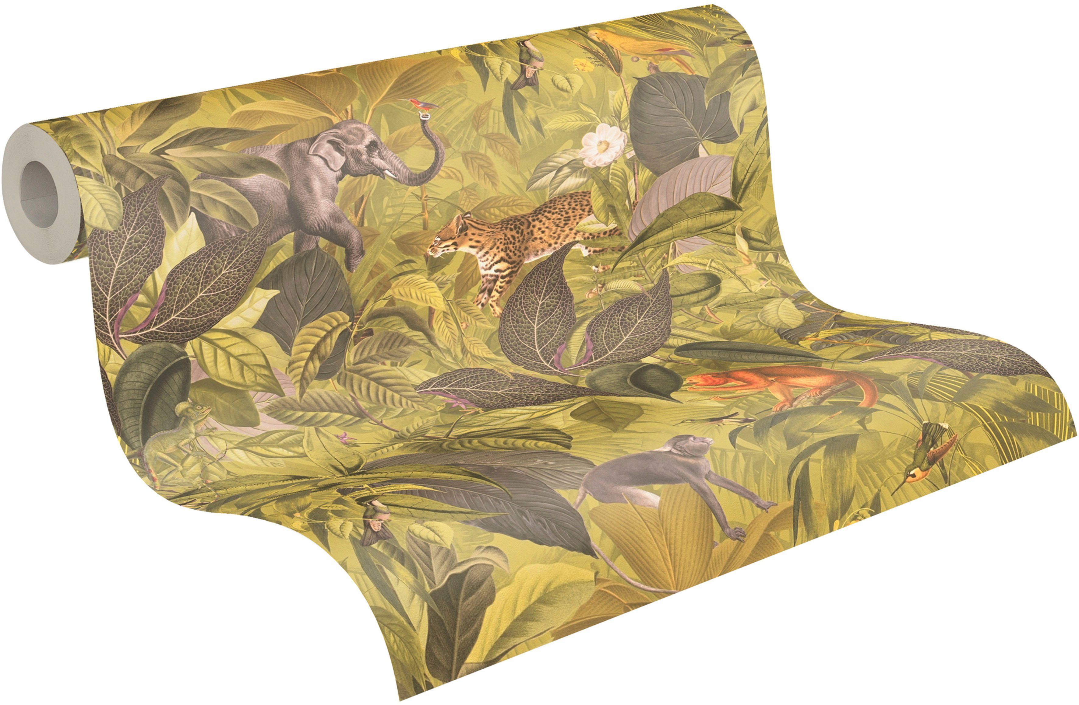 A.S. Création Vliestapete PintWalls Dschungel mit Tieger St), matt, Elefant (1 Affen Blätter gelb/braun/grau glatt, Tieren