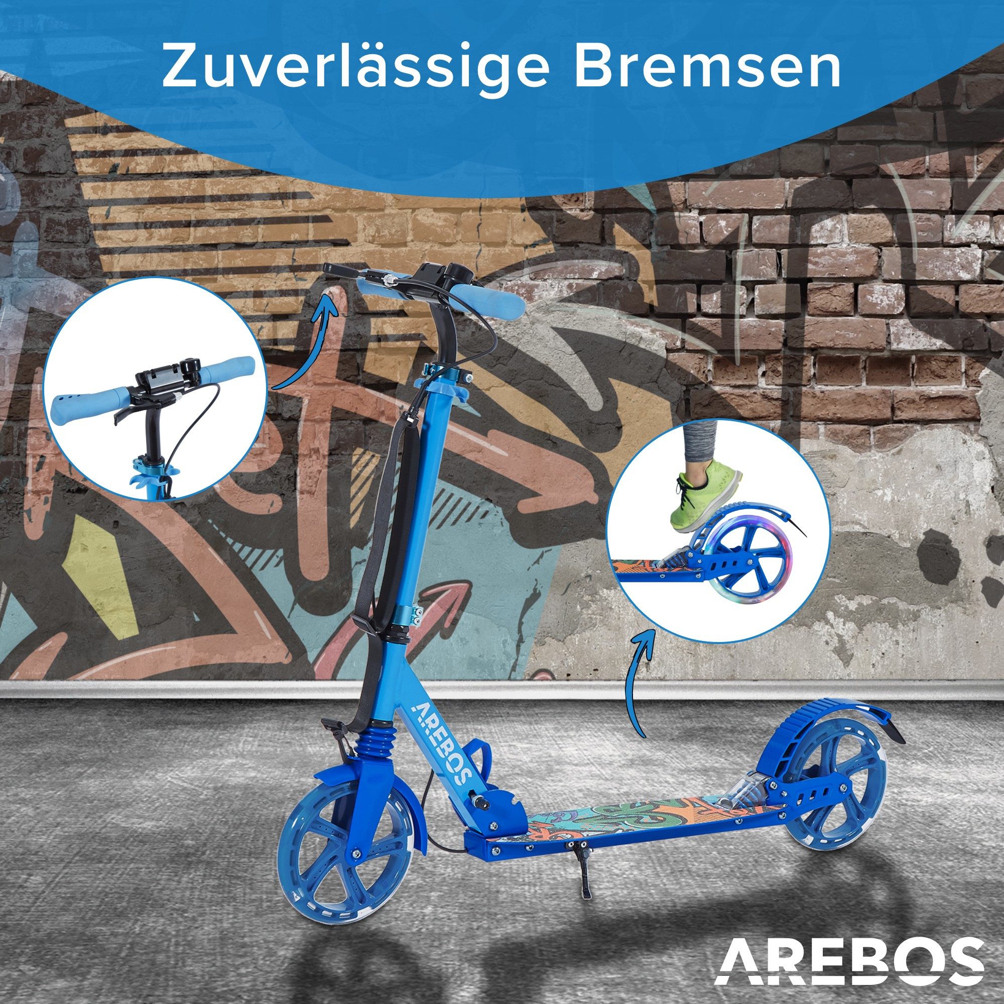 Arebos Tretroller LED-Reifen, faltbar, höhenverstellbar, inkl.Klinge l& Bremsen 100 kg, LED-Reifen: Leuchten während der Fahrt, für mehr Sichtbarkeit und Spaß