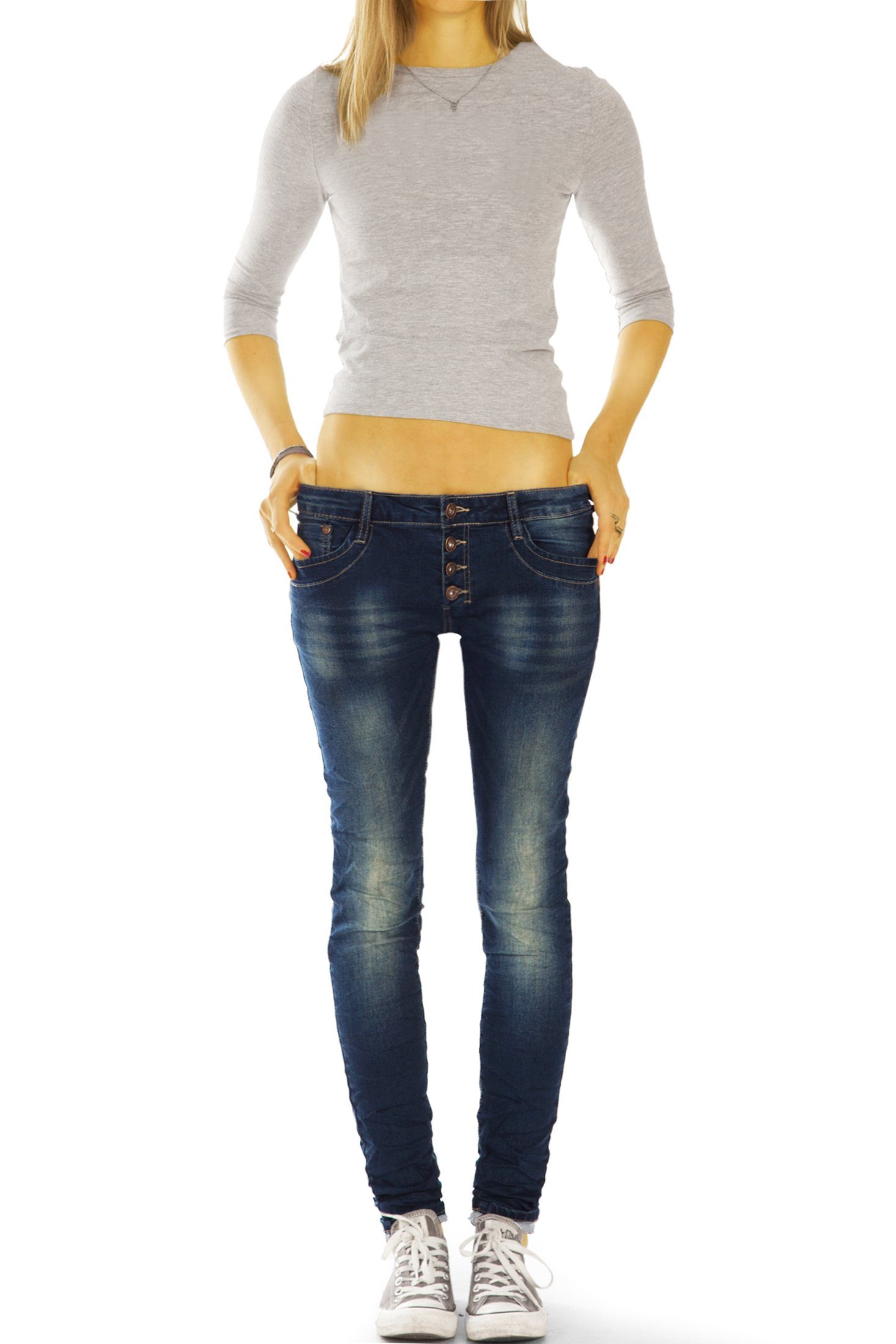 Kinder Teens (Gr. 128 - 182) be styled Low-rise-Jeans tapered Damenjeans, röhrige Hüfthosen mit Knopfleiste j41f