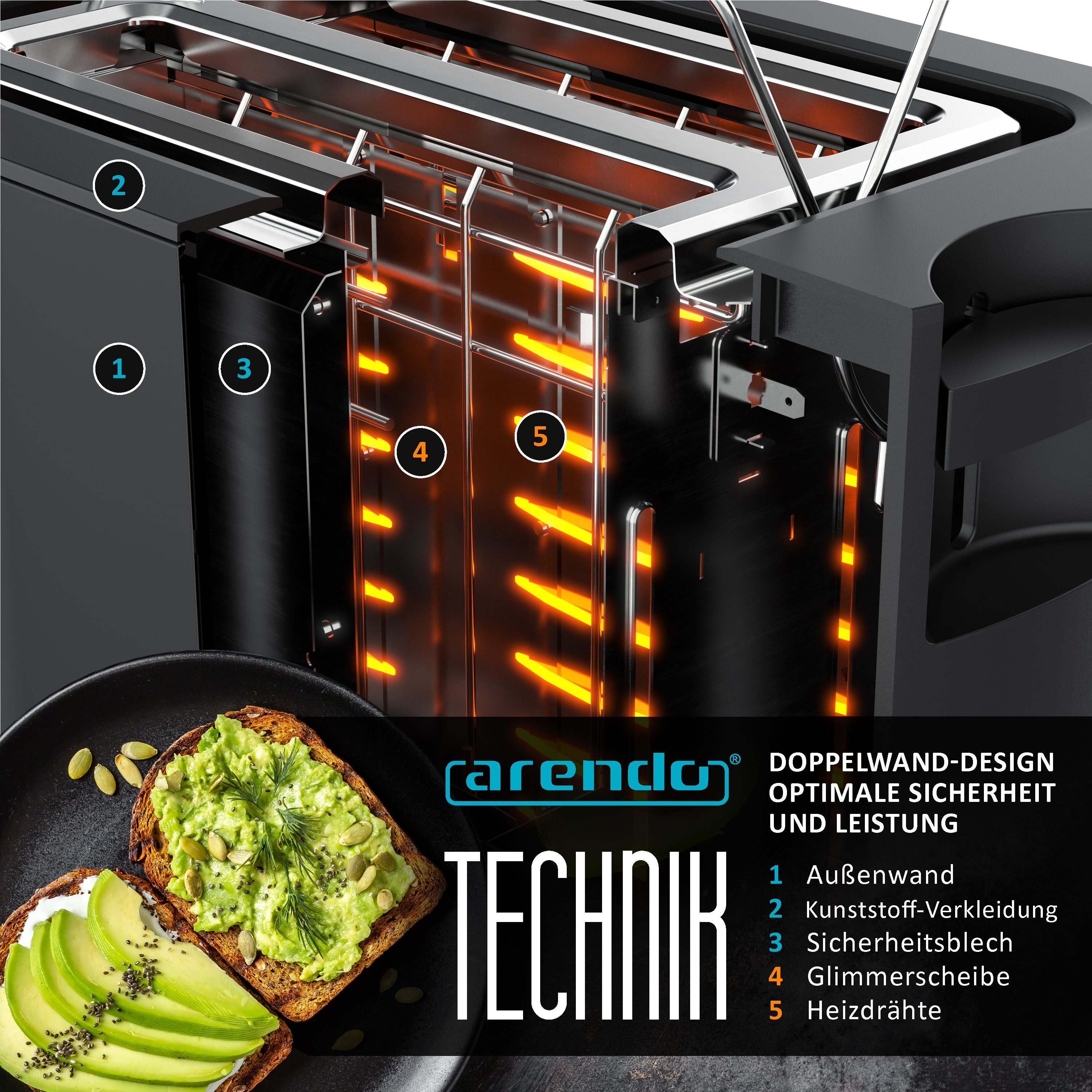 Arendo Toaster Wärmeisoliertes Doppelwandgehäuse, 2-Scheiben, Display Restzeitanzeige, 2 kurze Schlitze, für 2 Scheiben, 800 W, Edelstahl, Kurzschlitz, Brötchen – Bild 5 von 5