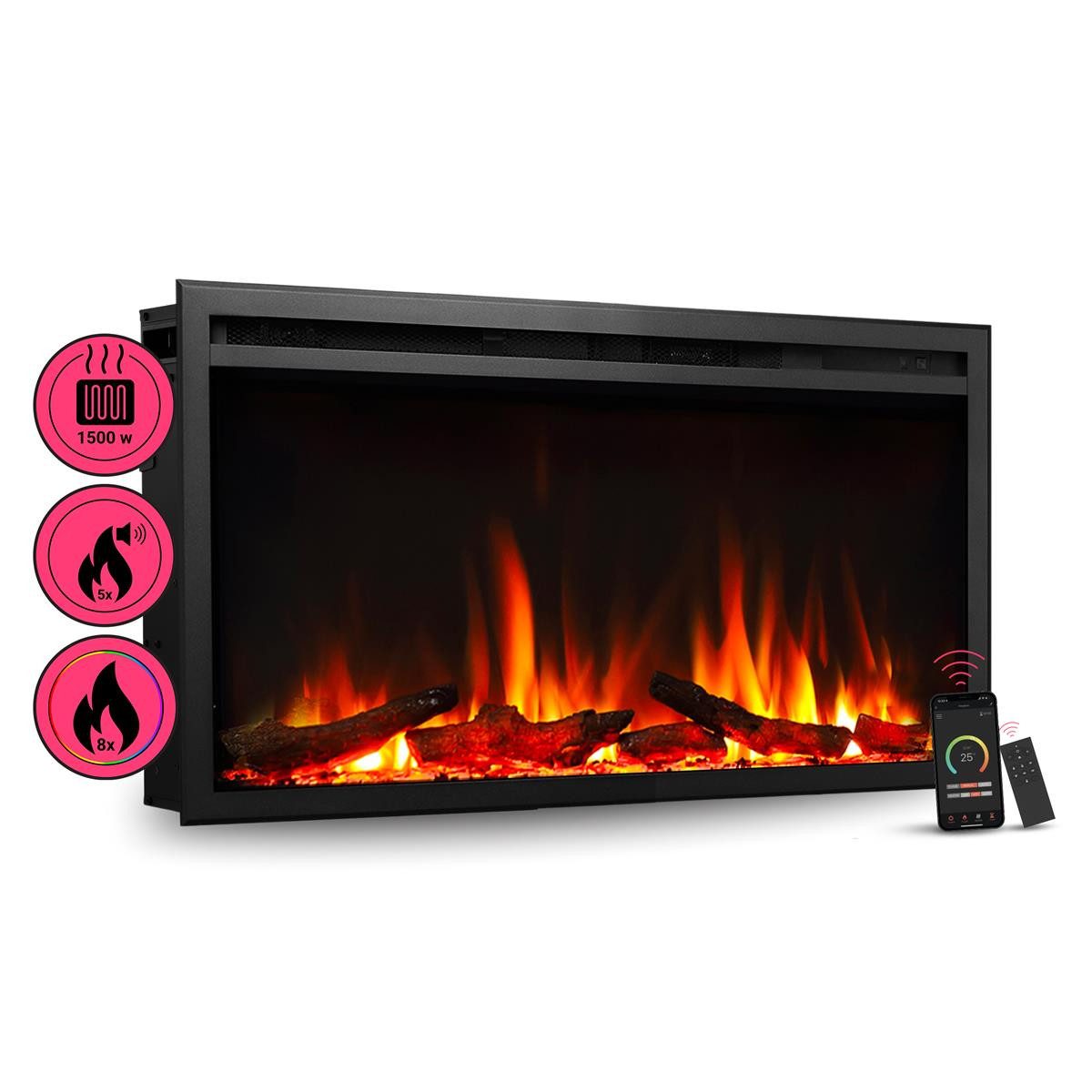 Balderia Elektrokamin Atalanta 33 Einbaukamin mit Heizung 1500 W, schwarz, Einbaukamin 33 Zoll, Heizung 1,5 kW, App, 9 Flammenfarben, Schwarz