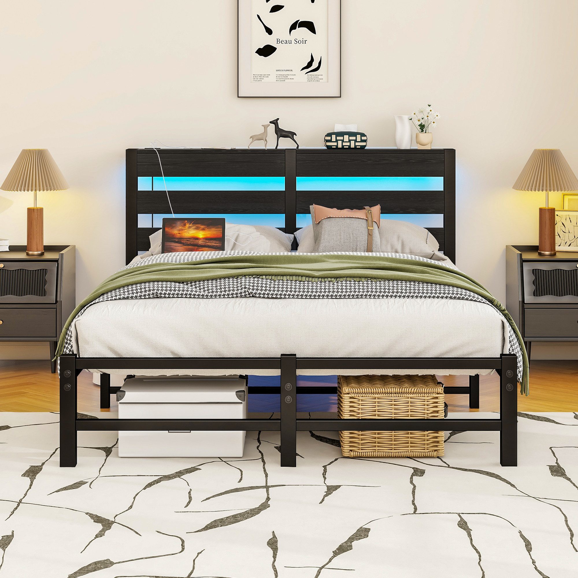 Odikalo Polsterbett Jugendbett Bettgestell (90x200 120x200 140x200 140x190 mit Bettgestell LED Beleuchtung, LED-Beleuchtung und USB-Ladestation, Metallbett mit aus Metall, Bettgestell ohne Matratze, Bettrahmen mit Stauraum unter dem Bett)