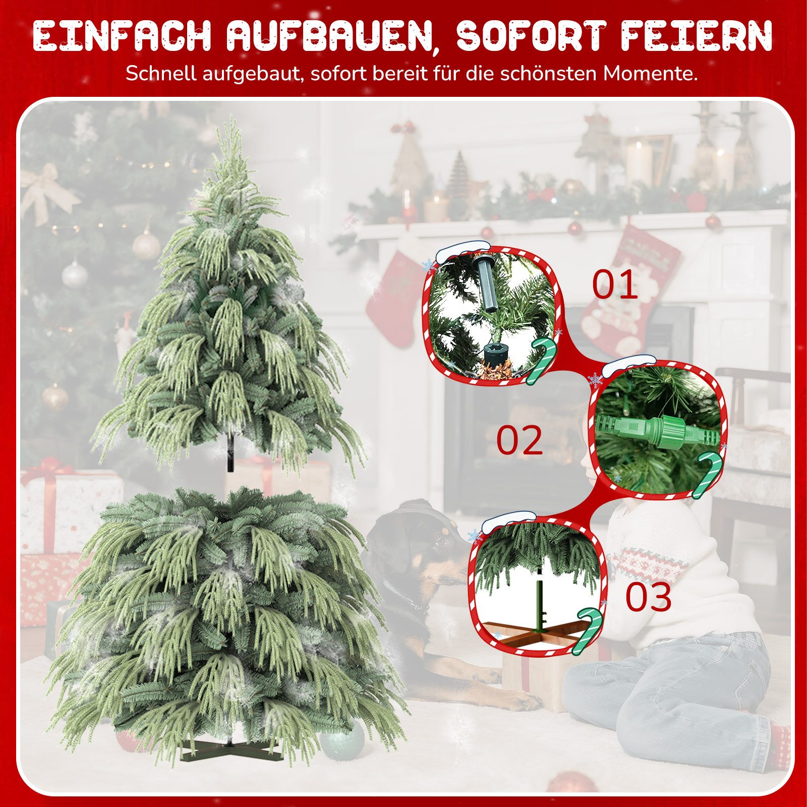 Ferghana Künstlicher Weihnachtsbaum 150/180/210/250CM mit Weiß Schnee 450/850/1115/1500PVC/PE Baum-Spitzen, Kleiner Tannenbaum,Edeltanne, 230/280/330/550 LED Beleuchtung Aufbewahrungstasche,Dekorationen