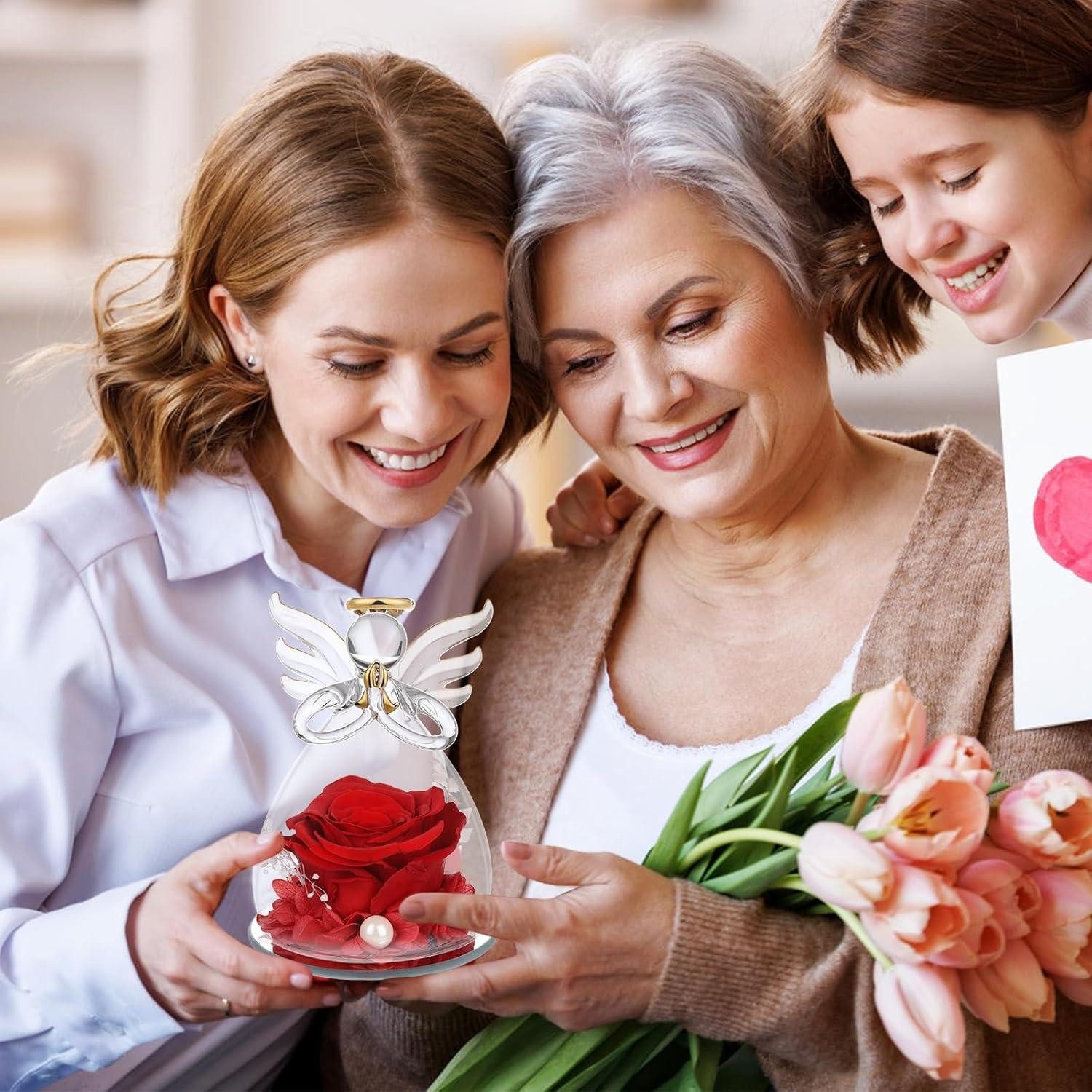 Trockenblume Ewige Rose Glaskuppel Engelsfigur Geschenk Mama Engel-rot, LuxusKollektion