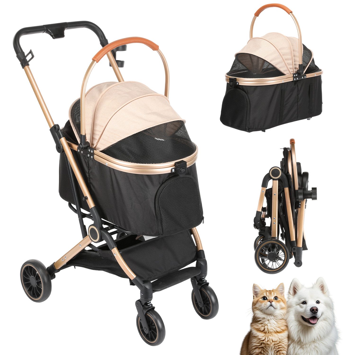 oyajia Hundebuggy 3in1 klappbar,Leichtes Aluminium Gestell und atmungsaktives Mesh, (Hundewagen, Stoßfest & platzsparend für kleine Hunde/Katzen), Klappbar,Hundewagen für große Hunde Katzen,Stoßfest und bequem