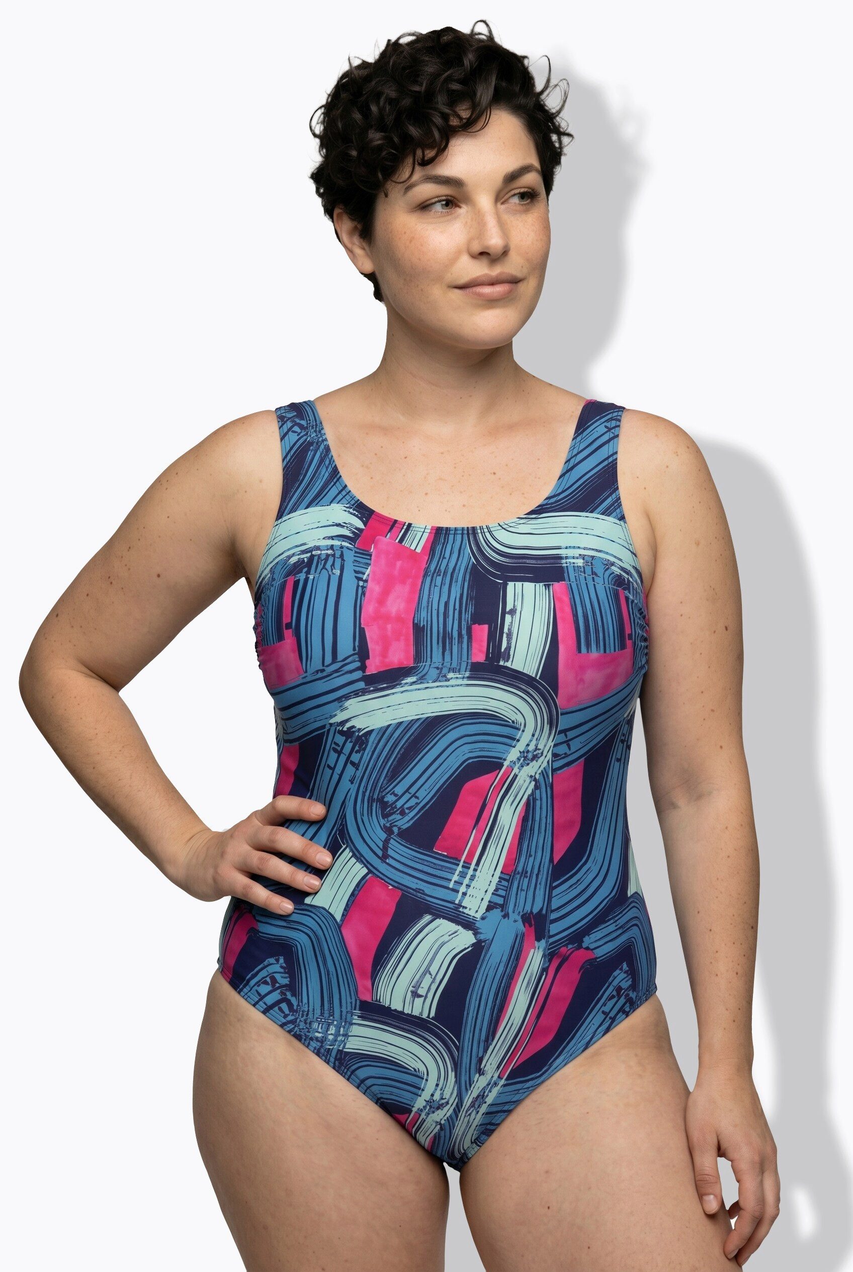 Ulla Popken Badeanzug Badeanzug Pinselstrich-Muster ohne Softcups