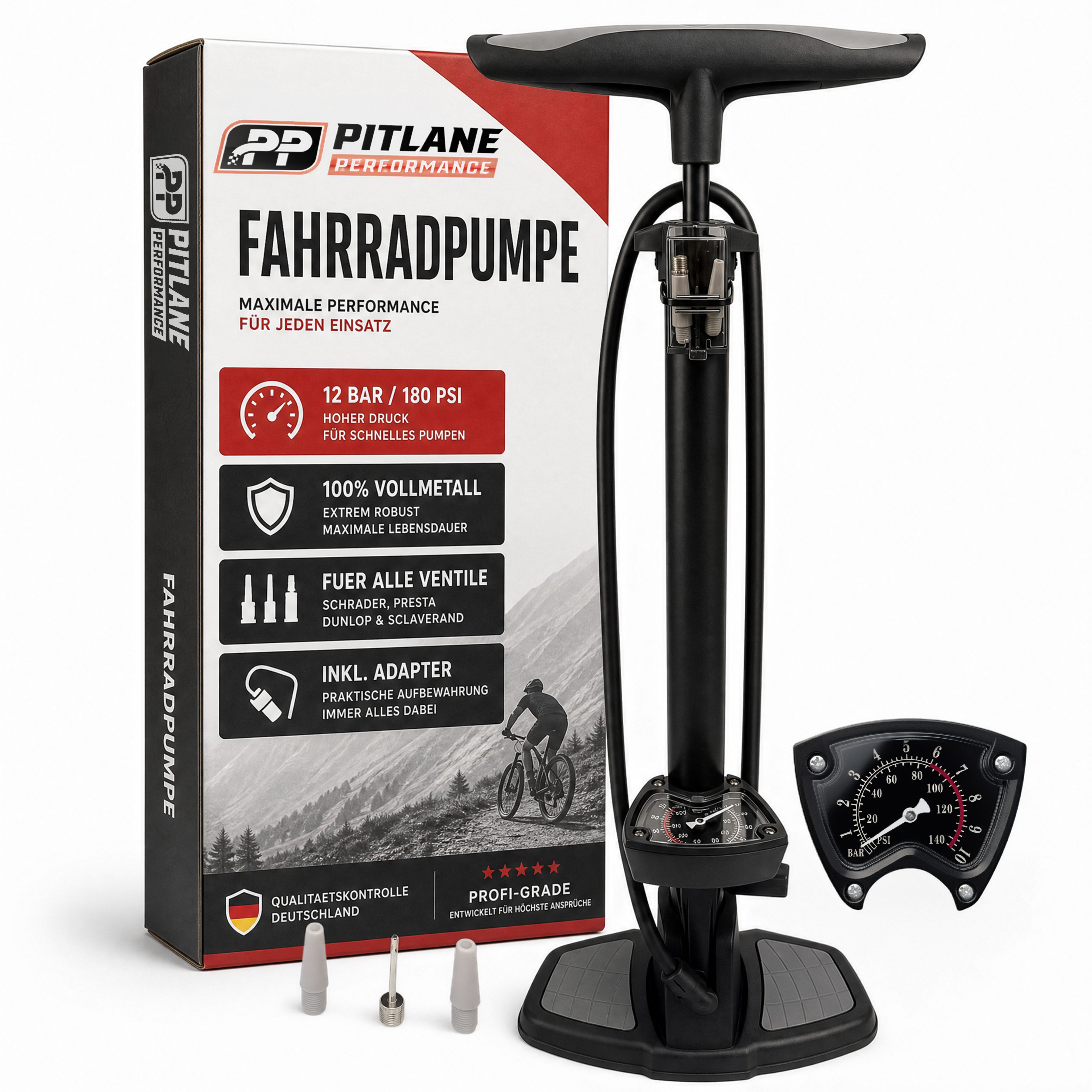 Pitlane Performance Luftpumpe XXL Metall Standpumpe Fahrrad mit Manometer (XXL Pumpe mit Adapter, Mit Ballnadel und Adaptern), Für Schrader-, Presta- und Dunlop-Ventile