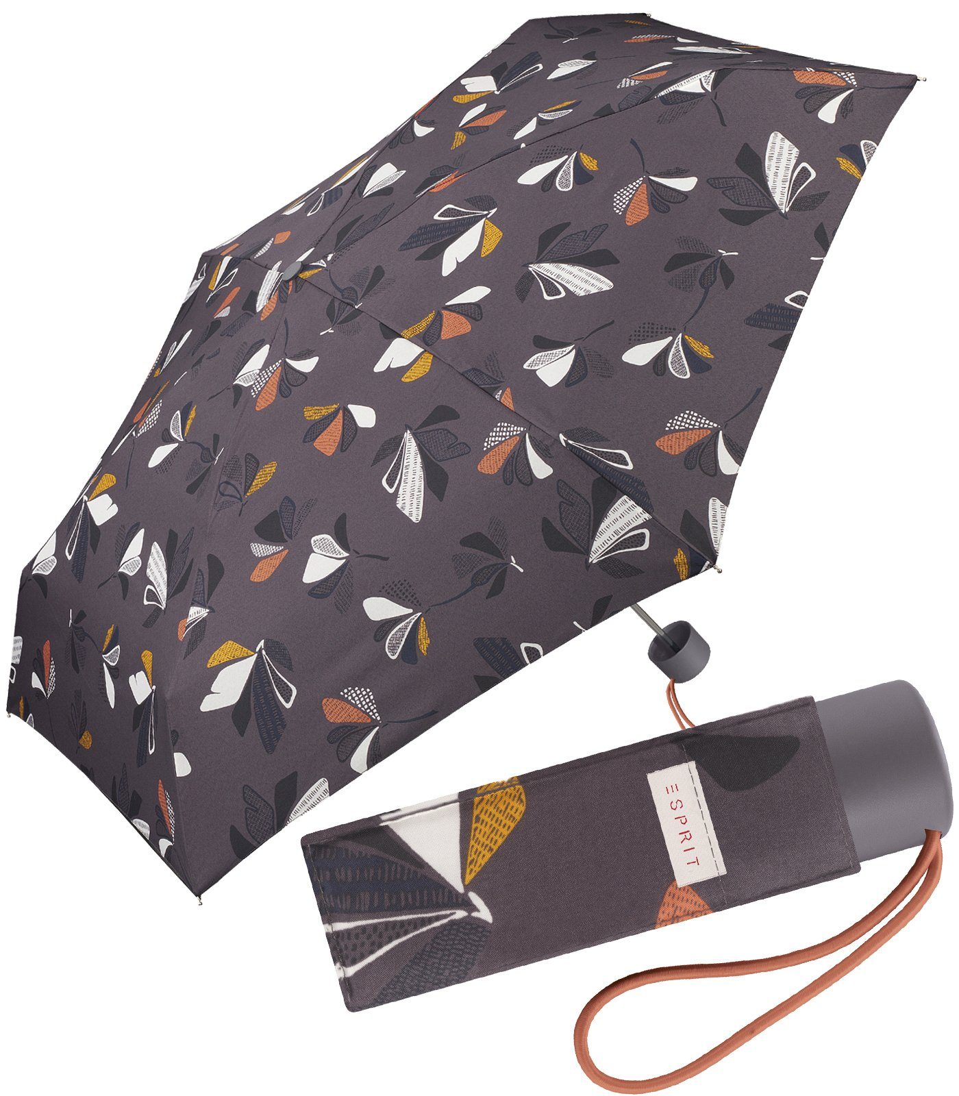 Esprit Taschenregenschirm kleiner, handlicher Schirm für Damen, bedruckt mit Blättern, leicht, mit Handöffner
