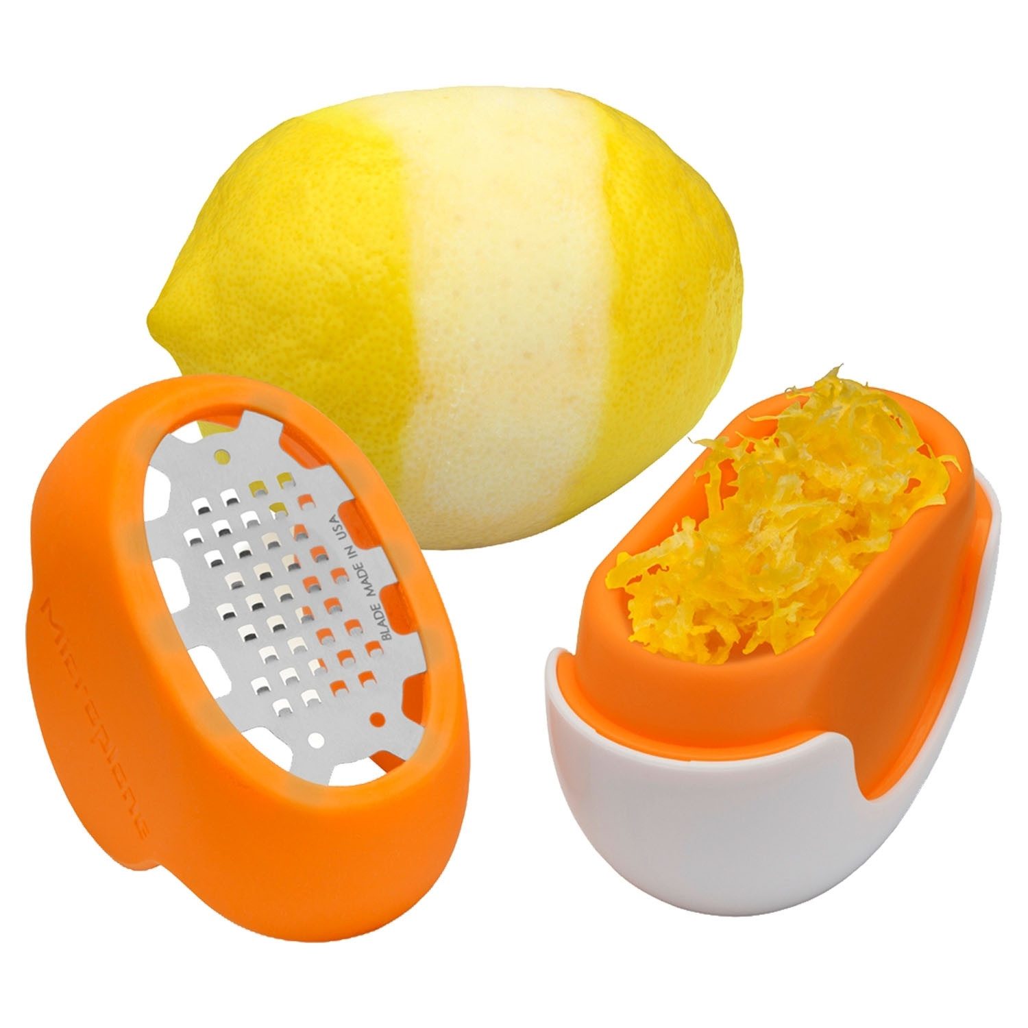 Microplane Zitronenreibe FLEXI ZESTI, L 7 cm, Orange, Weiß, Edelstahl, Silikon, (1-St), Spülmaschinengeeignet, mit Vertiefung für Schalenabrieb