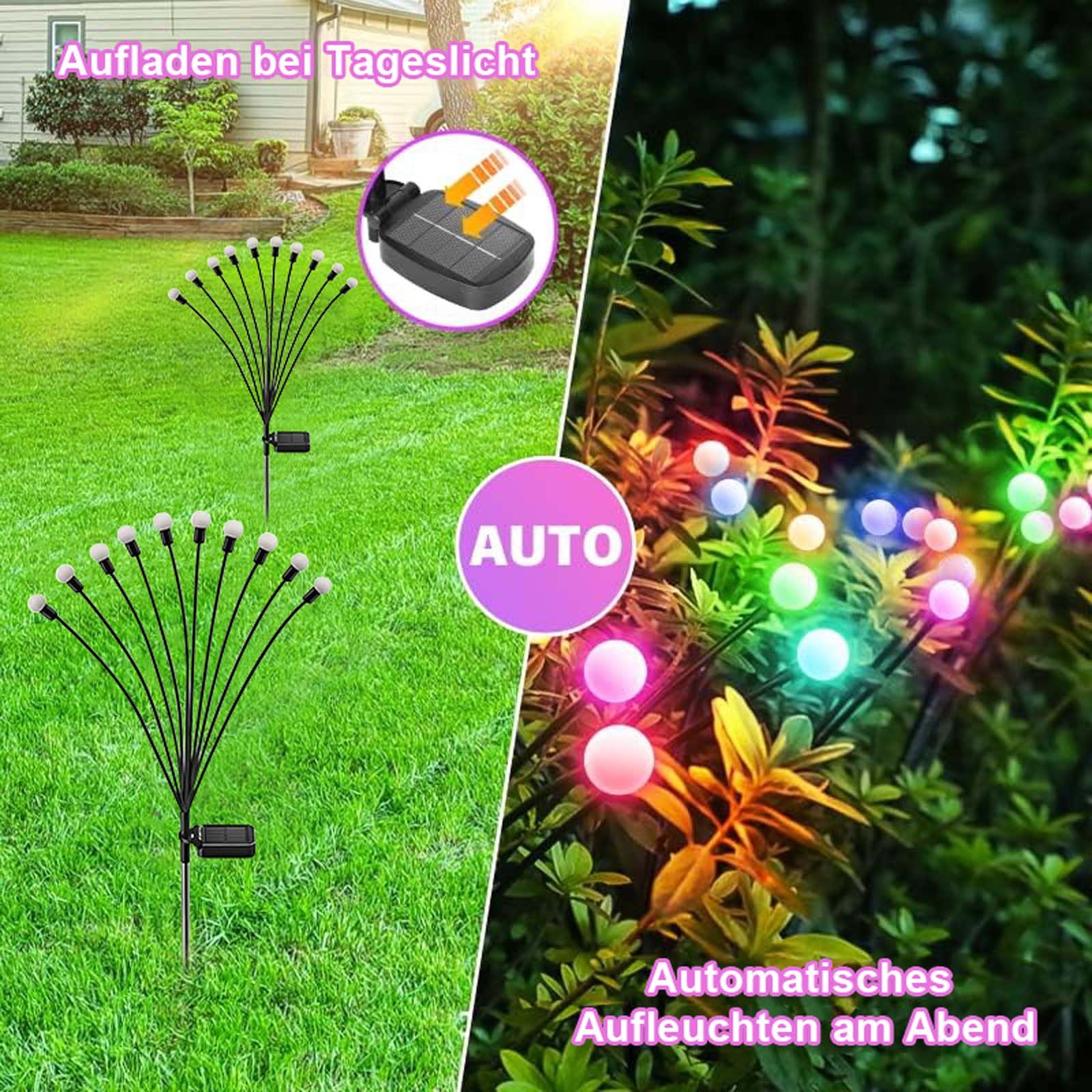 MUPOO LED Gartenleuchte LED-Lichterkette Leuchten Solarbetriebene Glühwürmchen IP65, 2 Stück, 8 LED-Leuchten, Solar Glühwürmchen Warmweißes/RGB,Garten Deko Glüh – Bild 3 von 5