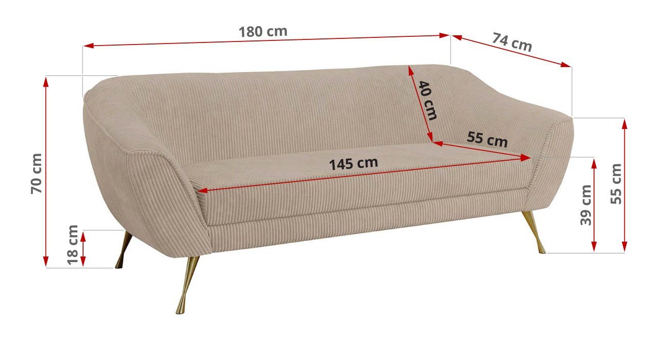 MKS MÖBEL Sofa LINO Armlehnen, Metallbeine Beige 03, Federsitz, breite