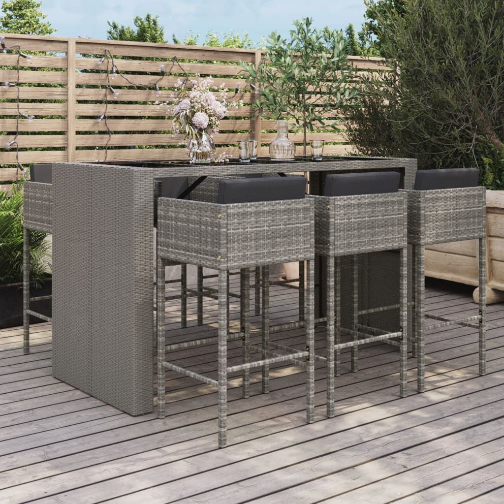 vidaXL Gartenbar-Set, 7-tlg. Gartenlounge Set mit Kissen Grau Poly Rattan