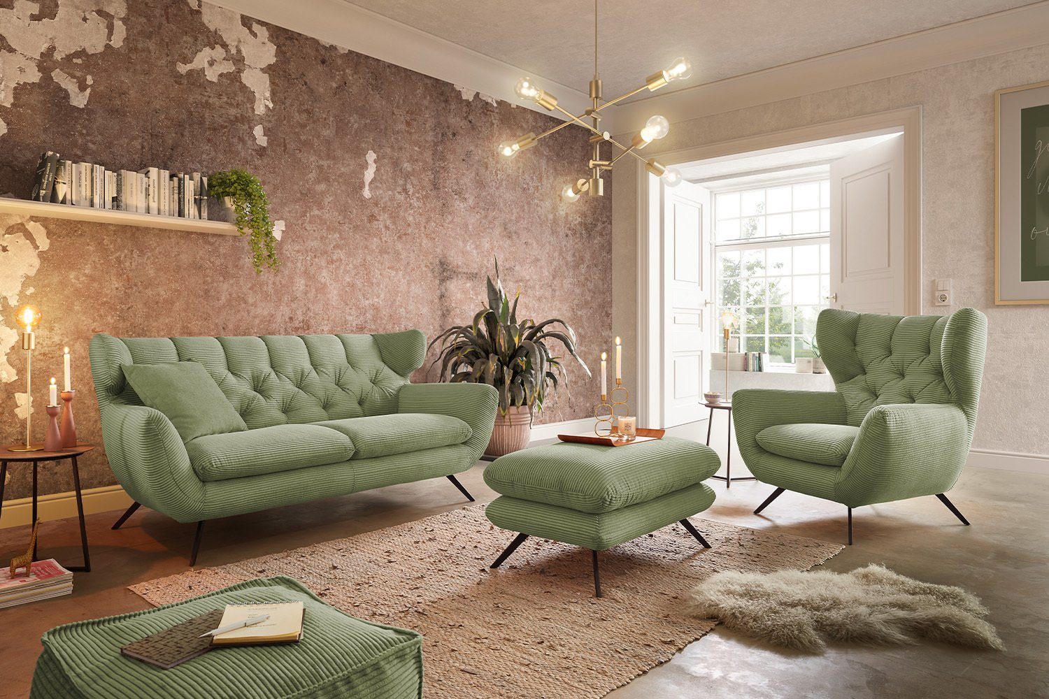 KAWOLA Sitzgruppe CHARME, (Set, 3-tlg), Sofa Sessel Hockerbank Cord versch. Farben olivgrün
