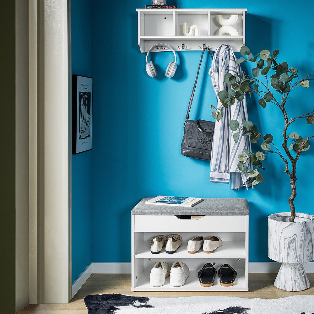 SoBuy Wandgarderobe FSR25-HG+FRG48-W, Flurset Flurmöbel Schuhbank mit Sitzfläche Wandgarderobe