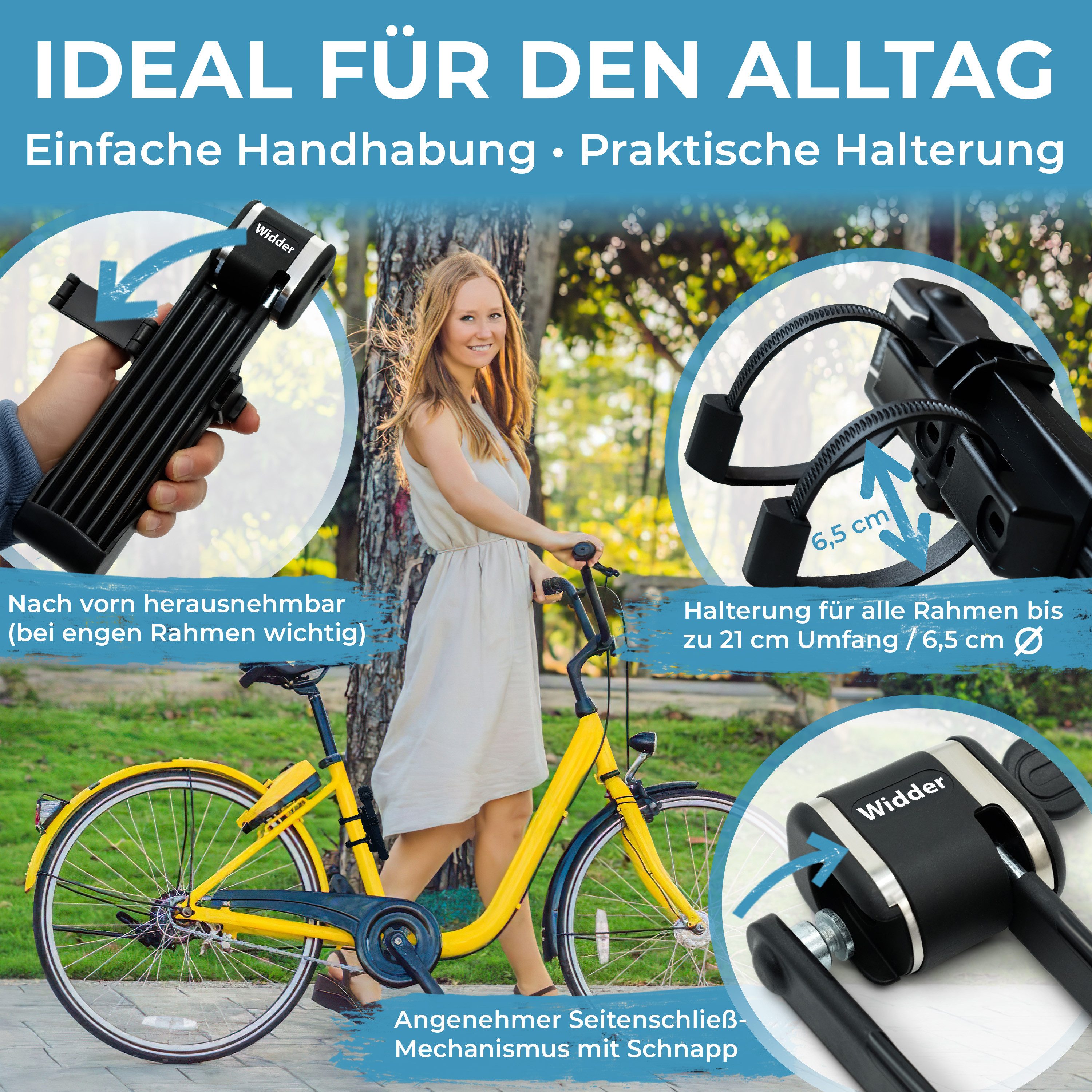 Widder Faltschloss Fahrrad [sicherer Titan-Stahl Level 15] Fahrradschloss hohe Sicherheit, 99cm lang • 3 Schlüssel • Halterung • für Fahrrad & E-Bike