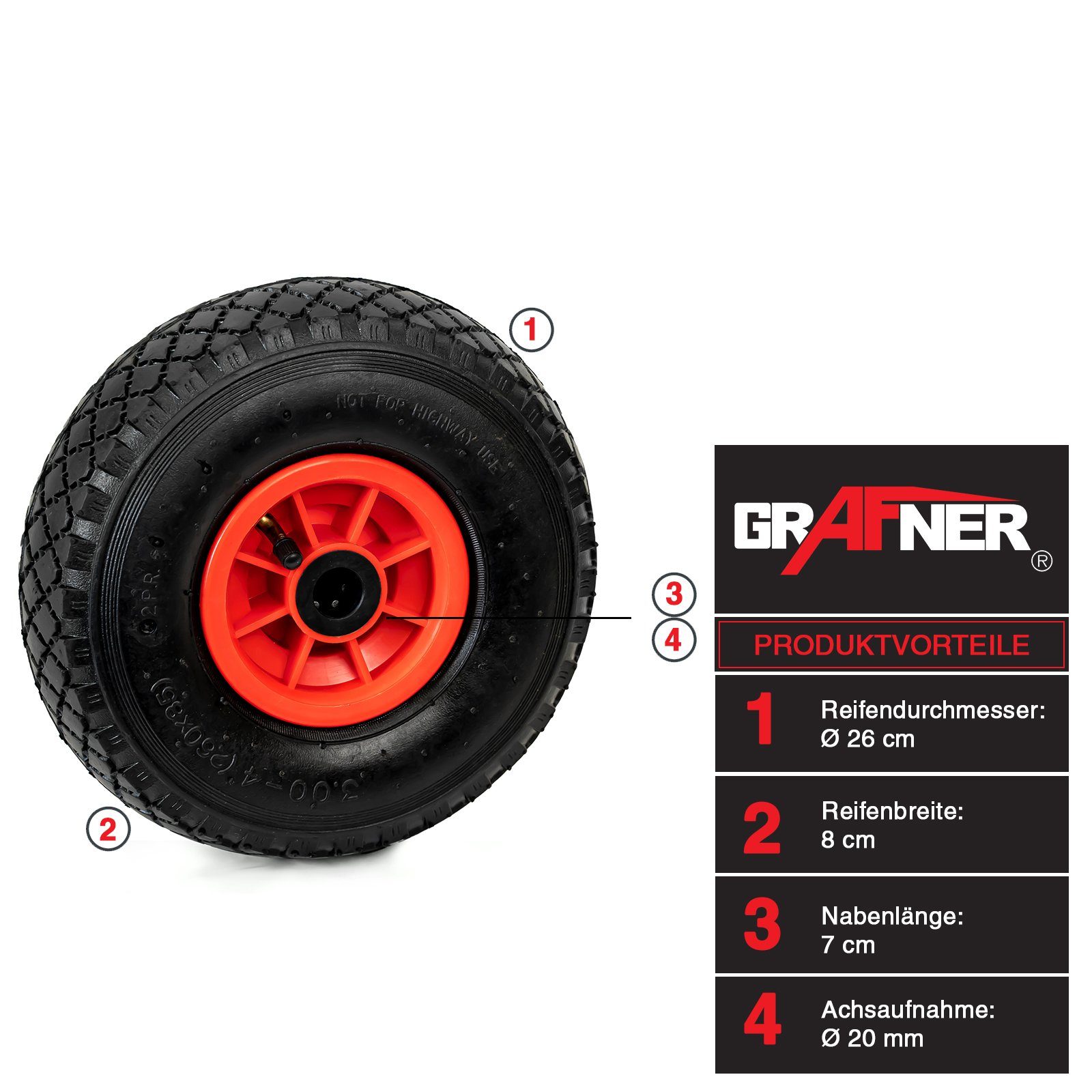 Grafner Ersatzrad 4er Set Sackkarren/Bollerwagenrad 3.00-4 PU Luftbereifung, Luftbereifung, Größe 3.00-4, Ø 26 cm – Bild 5 von 5