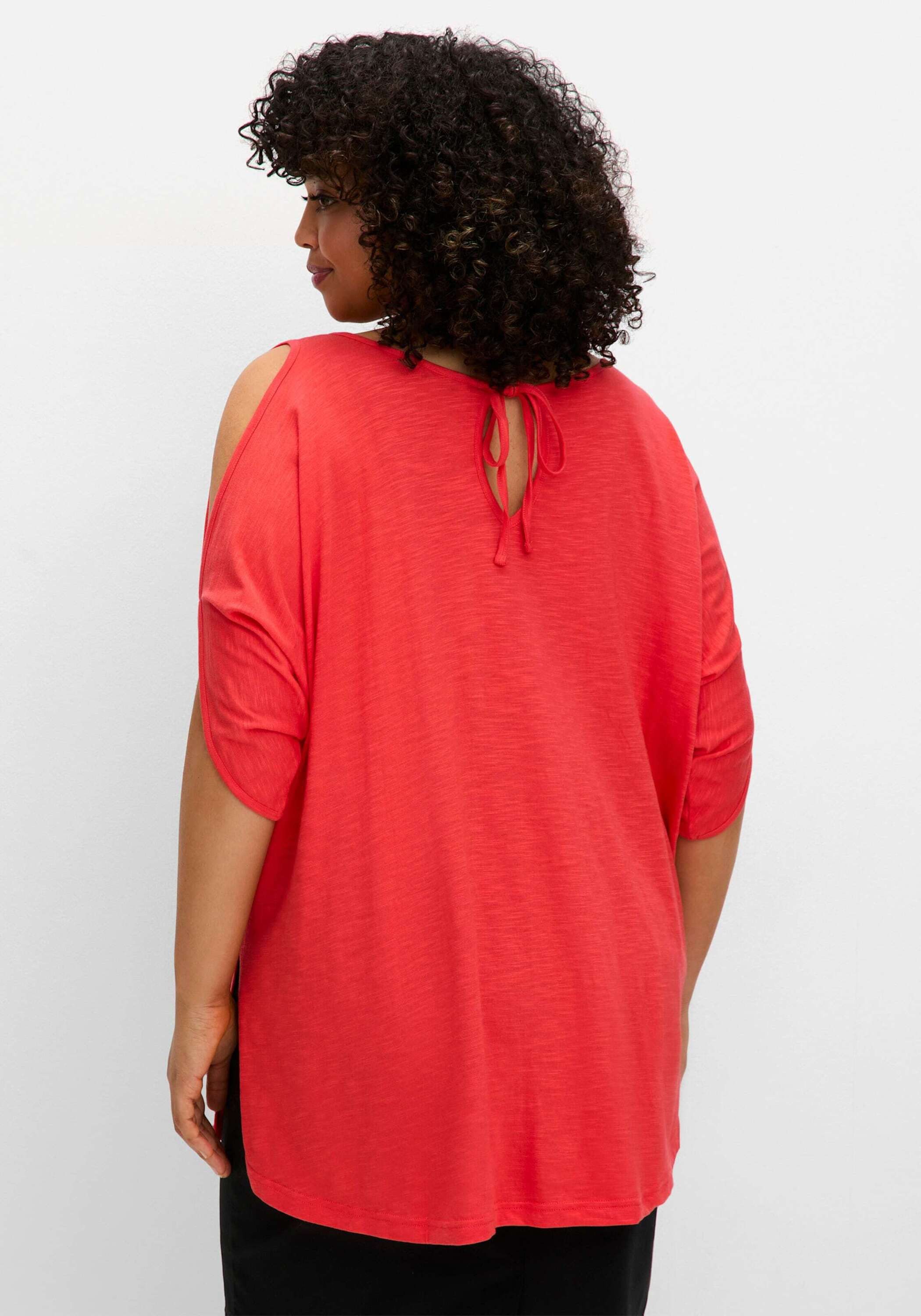 Sheego T-Shirt Longshirt Kurzarm mit geschlitzten Fledermausärmeln günstig online kaufen