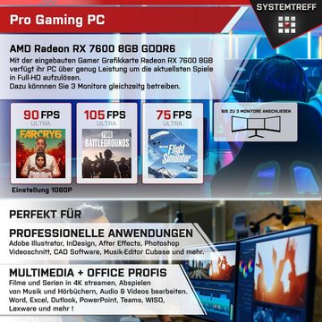 SYSTEMTREFF Gaming-PC (AMD Ryzen 5 5500, Radeon RX 7600, 16 GB RAM, 1000 GB SSD, Luftkühlung, Windows 11, WLAN)