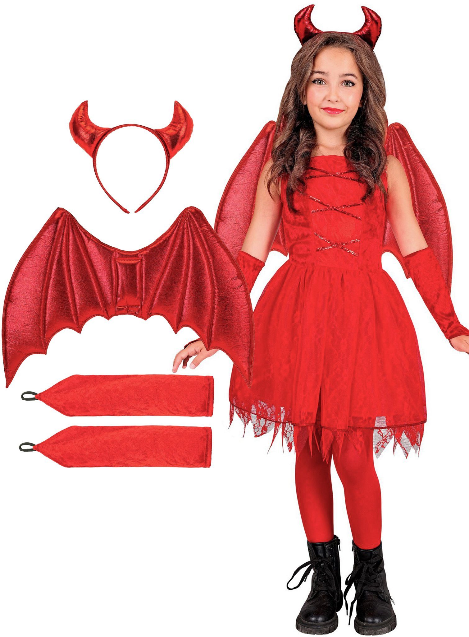 Widdmann Teufel-Kostüm Rotes Teufelskostüm für Kinder, Feuerrotes Kleid für Nachwuchs-Dämoninnen